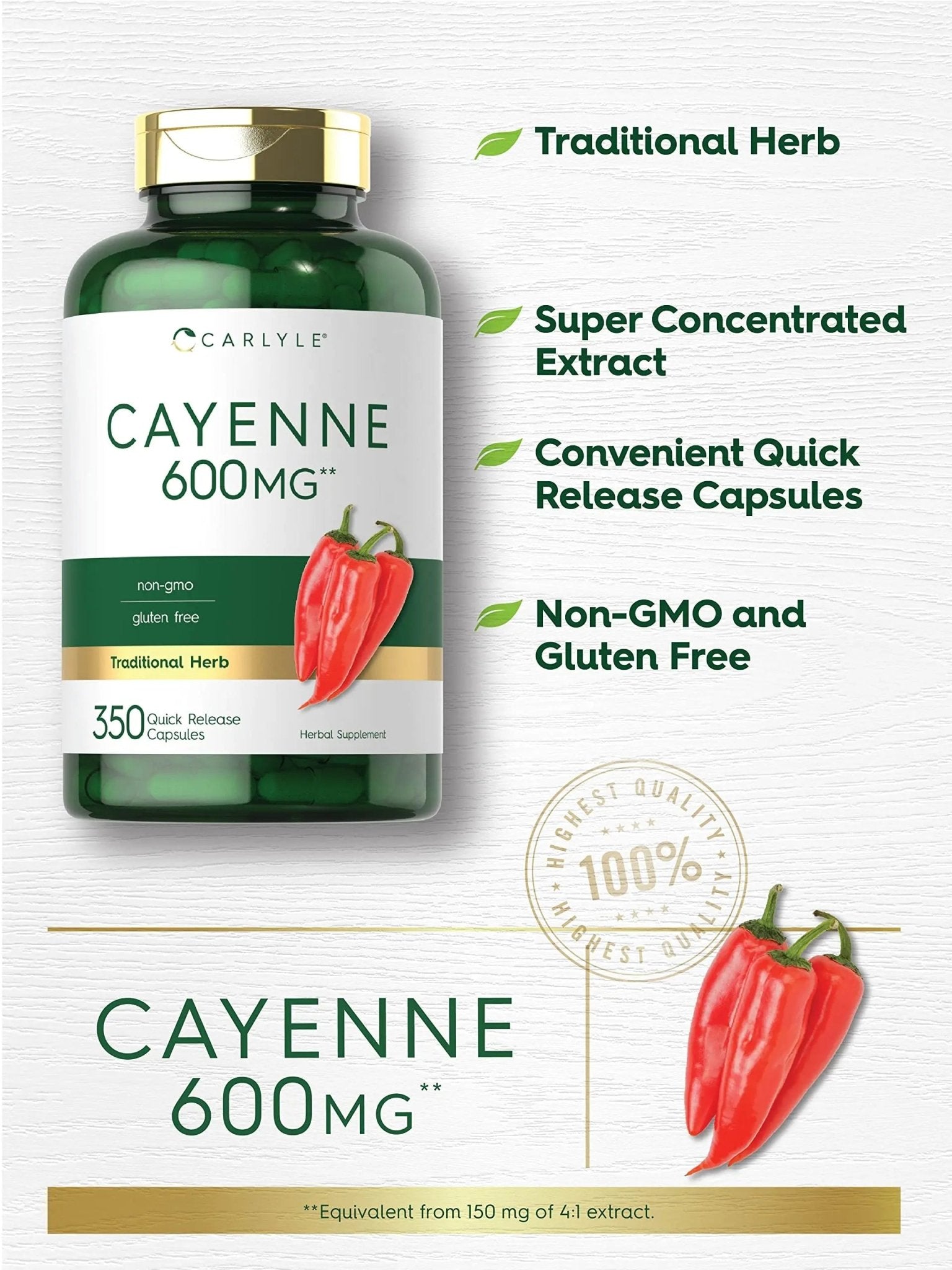 Carlyle Cayenne Pepper Capsules 600mg | 350 Pills | Non-GMO, Gluten Free Supplement - TrustMedUSA