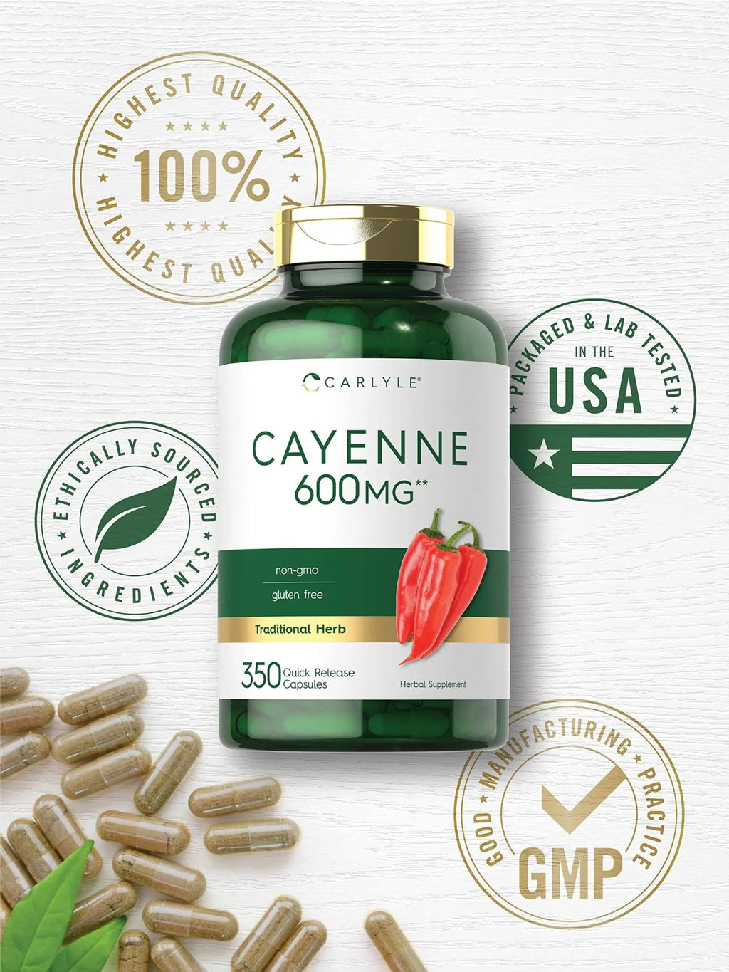 Carlyle Cayenne Pepper Capsules 600mg | 350 Pills | Non-GMO, Gluten Free Supplement - TrustMedUSA