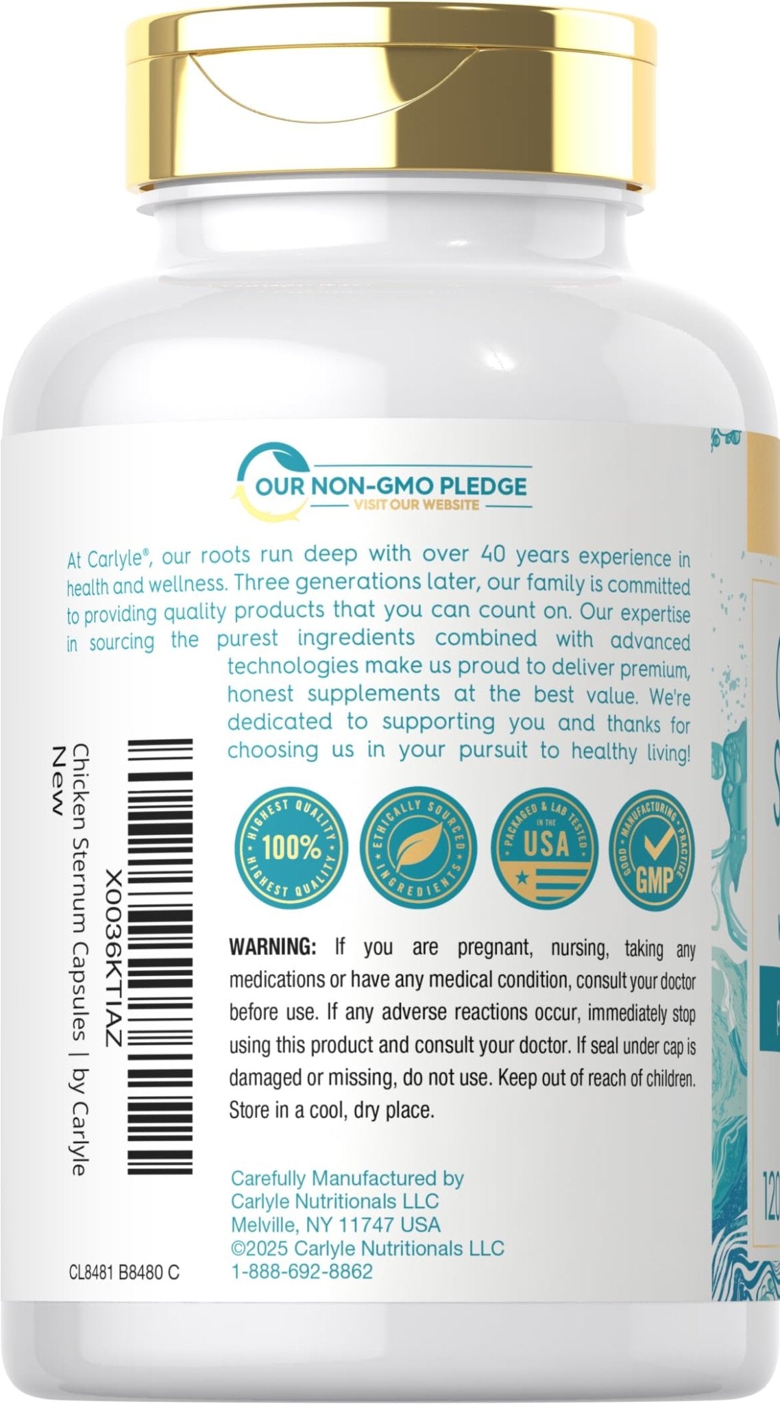 Carlyle Chicken Sternum Collagen Type 2 | 3000mg | 120 Capsules | Plus Hyaluronic Acid | Non-GMO, Gluten Free Supplement - Maple Wellness Supplements