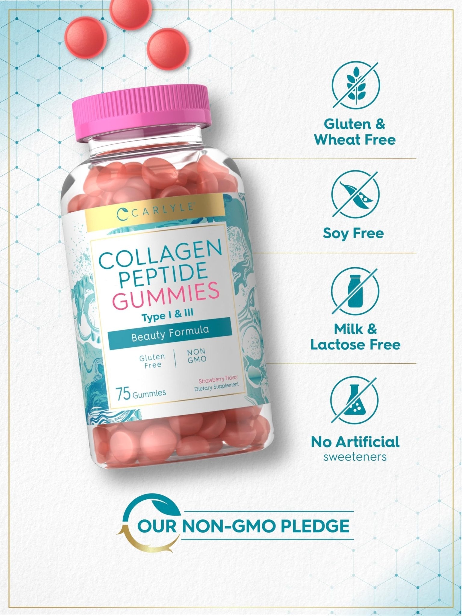 Carlyle Collagen Gummies | Strawberry Flavor Beauty Supplement | Collagen Peptides for Women & Men | Type 1 & 3 | Non-GMO, Gluten Free - Maple Wellness Supplements