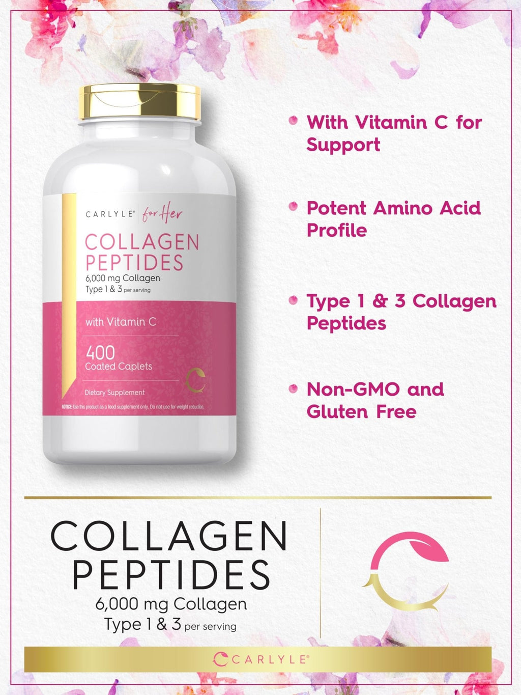 Carlyle Collagen Peptides 6000mg | 400 Caplets | with Vitamin C | Type 1 and 3 | Non-GMO, Gluten Free, Grass Fed Supplement - Maple Wellness Supplements