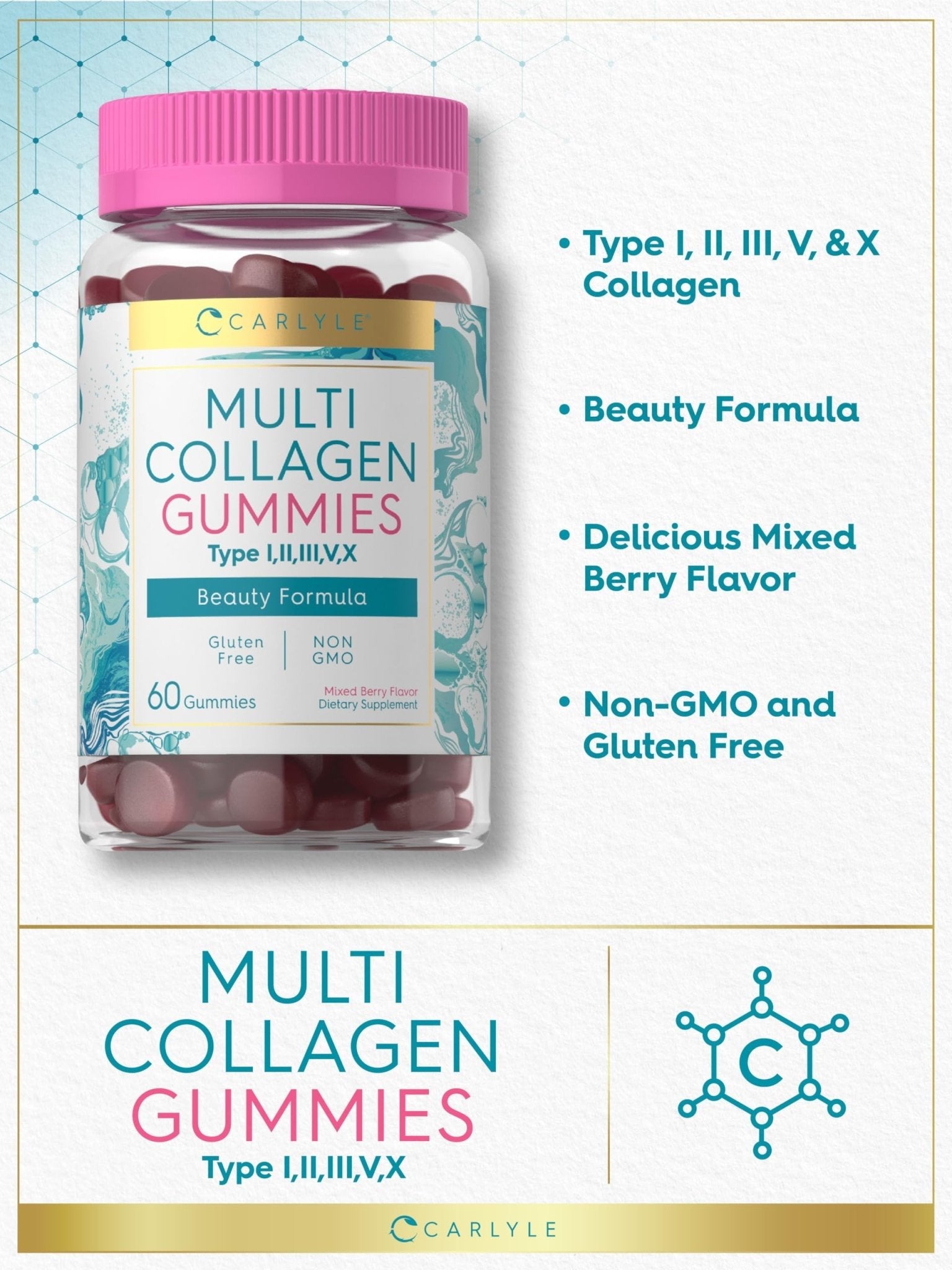 Carlyle Collagen Peptides Gummies | 60 Count | Multi Collagen Complex | Beauty Formula Supplement | Mixed Berry Flavor | Non-GMO, Gluten Free - Maple Wellness Supplements