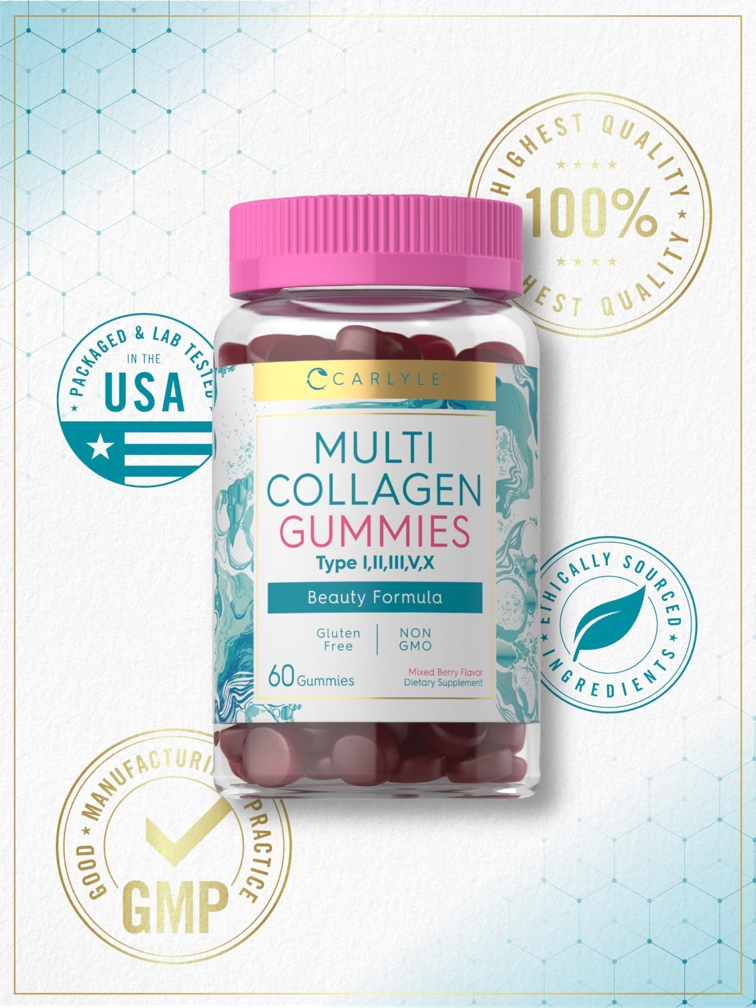 Carlyle Collagen Peptides Gummies | 60 Count | Multi Collagen Complex | Beauty Formula Supplement | Mixed Berry Flavor | Non-GMO, Gluten Free - Maple Wellness Supplements