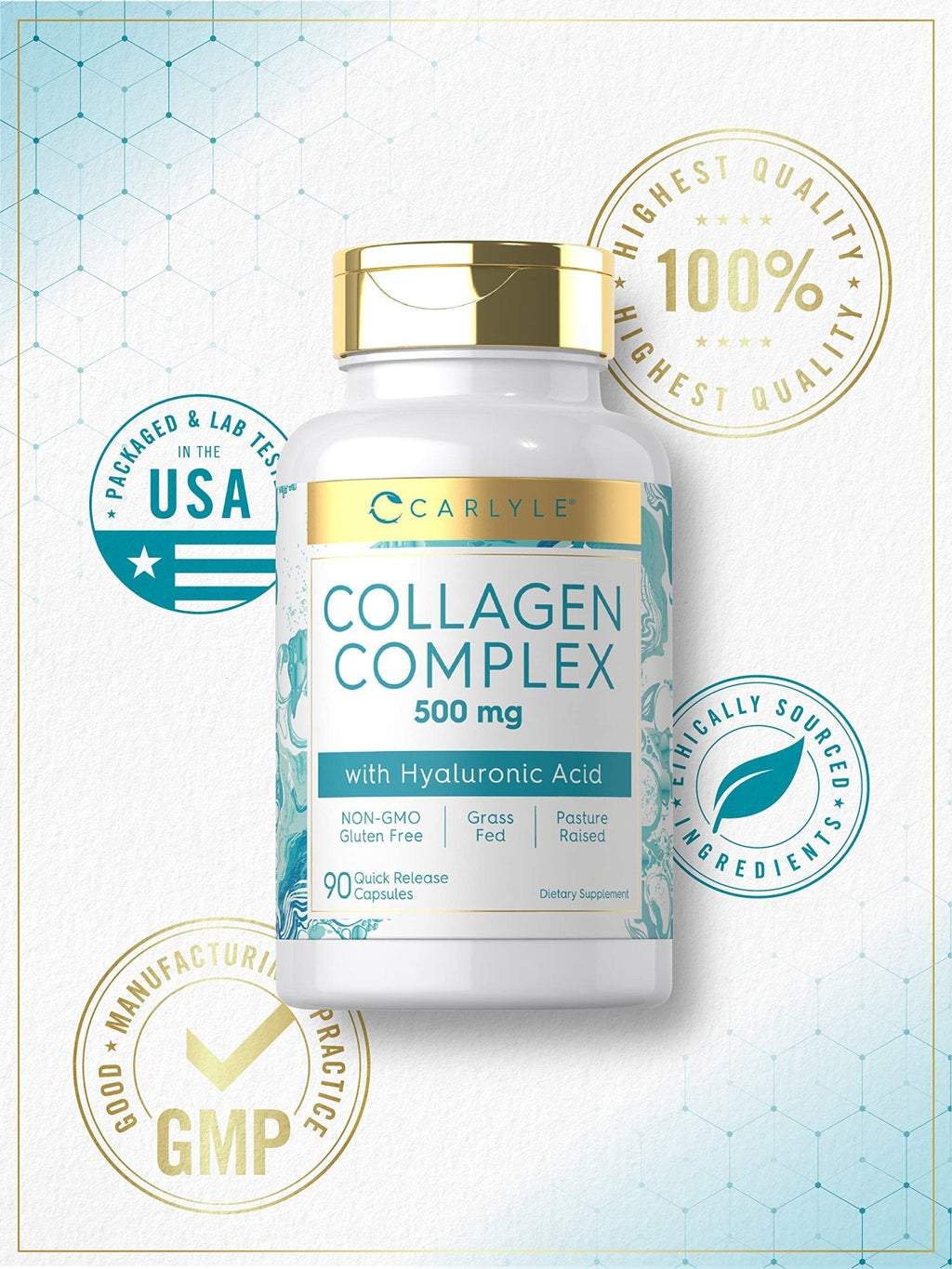 Carlyle Collagen Pills with Hyaluronic Acid | 500mg | 90 Capsules | Hydrolyzed Collagen Type 1 and 3 | Non-GMO, Gluten Free Supplement - Maple Wellness Supplements
