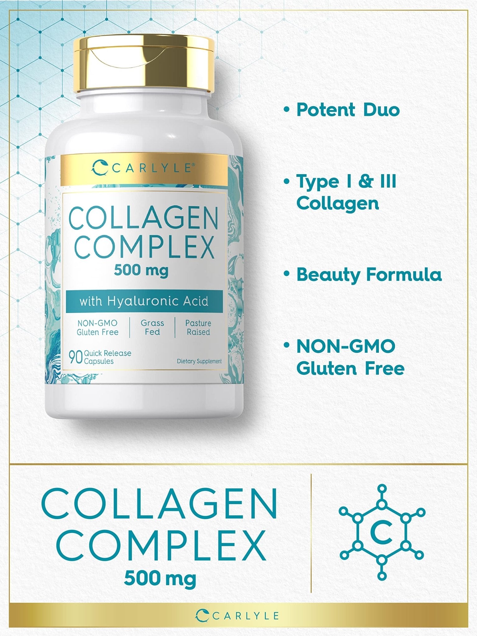 Carlyle Collagen Pills with Hyaluronic Acid | 500mg | 90 Capsules | Hydrolyzed Collagen Type 1 and 3 | Non-GMO, Gluten Free Supplement - Maple Wellness Supplements