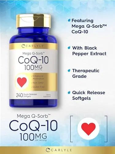 Carlyle CoQ10 100mg | 240 Softgels | Mega Q-Sorb Coenzyme Q-10 | with Black Pepper - TrustMedUSA