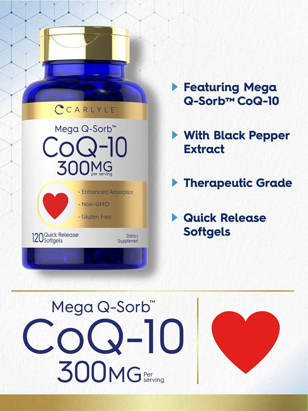 Carlyle CoQ10 300mg | 120 Softgels | Mega Q-Sorb Coenzyme Q-10 | with Black Pepper - TrustMedUSA
