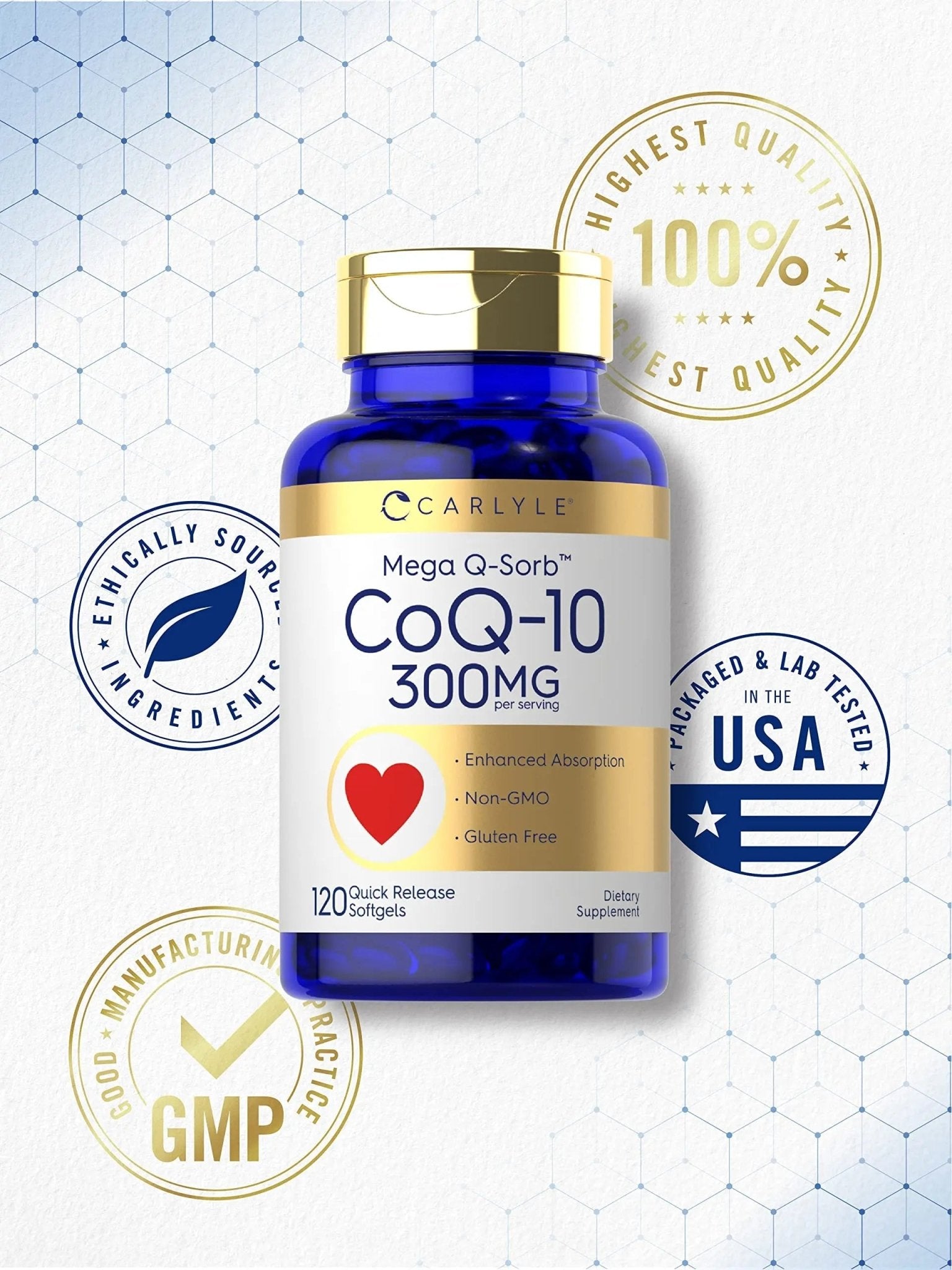 Carlyle CoQ10 300mg | 120 Softgels | Mega Q-Sorb Coenzyme Q-10 | with Black Pepper - TrustMedUSA
