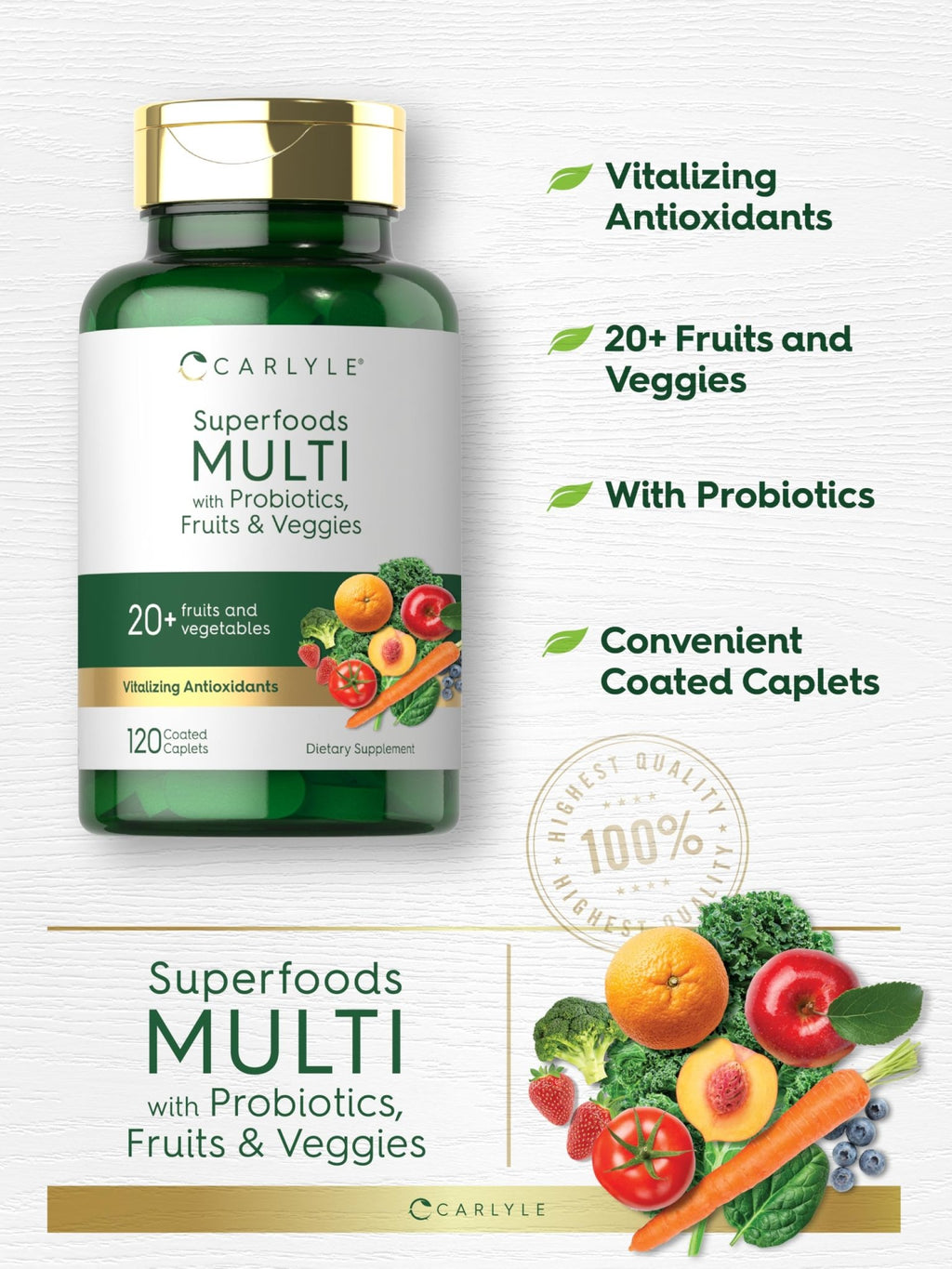 Carlyle Fruits and Veggies Supplement | 120 Count | Superfood Multivitamin with Probiotics | Made with 20 Fruits and Vegetables | Non-GMO & Gluten Free - TrustMedUSA