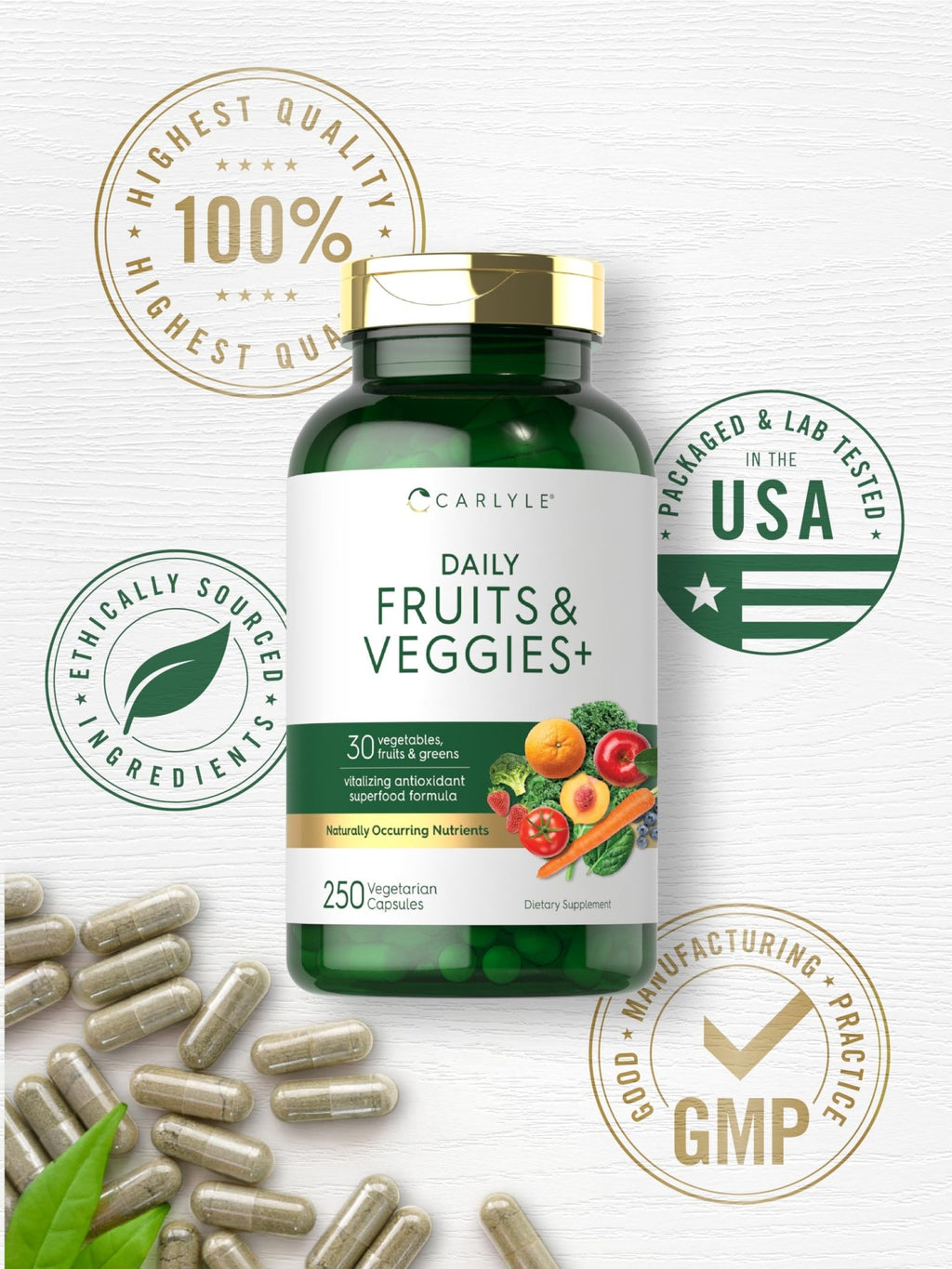 Carlyle Fruits and Veggies Supplement | 250 Capsules | Made with 30 Fruits and Vegetables | Vegetarian, Non-GMO, Gluten Free Superfood Formula - TrustMedUSA