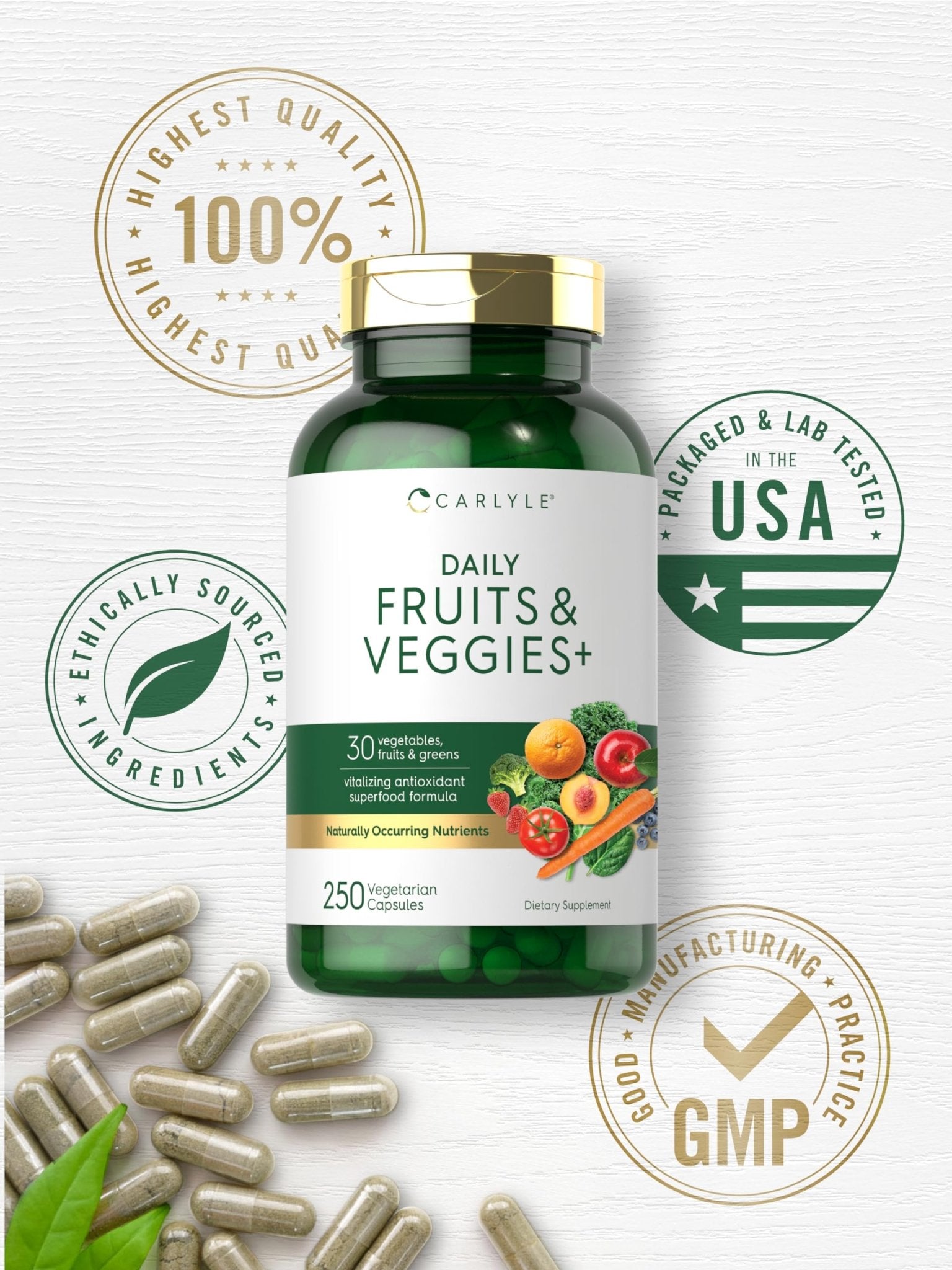 Carlyle Fruits and Veggies Supplement | 250 Capsules | Made with 30 Fruits and Vegetables | Vegetarian, Non-GMO, Gluten Free Superfood Formula - TrustMedUSA
