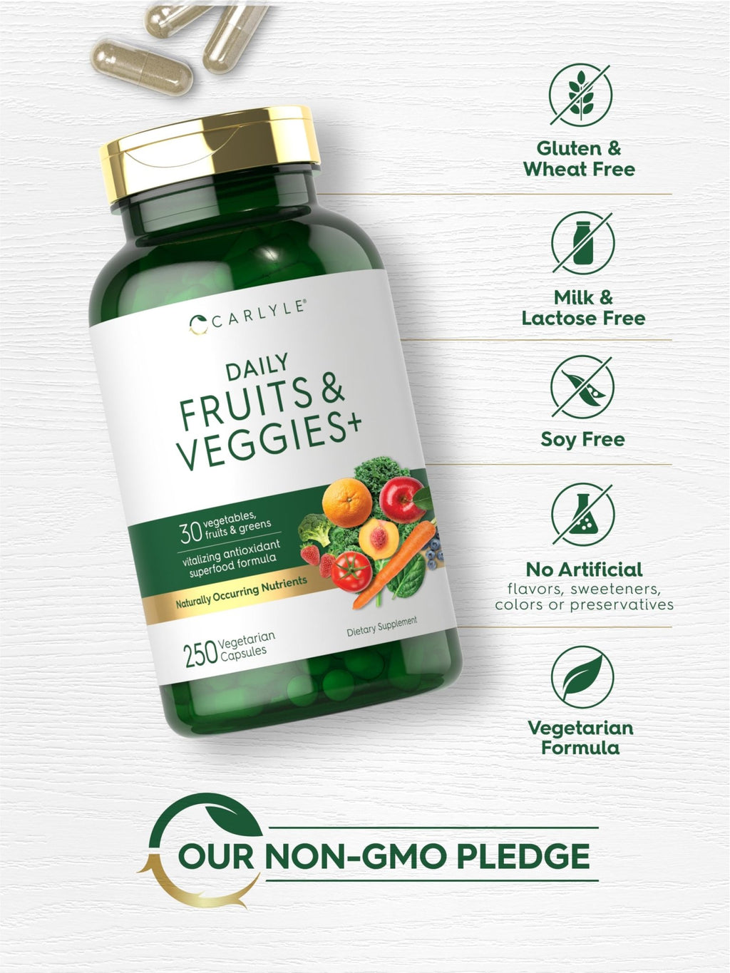 Carlyle Fruits and Veggies Supplement | 250 Capsules | Made with 30 Fruits and Vegetables | Vegetarian, Non-GMO, Gluten Free Superfood Formula - TrustMedUSA