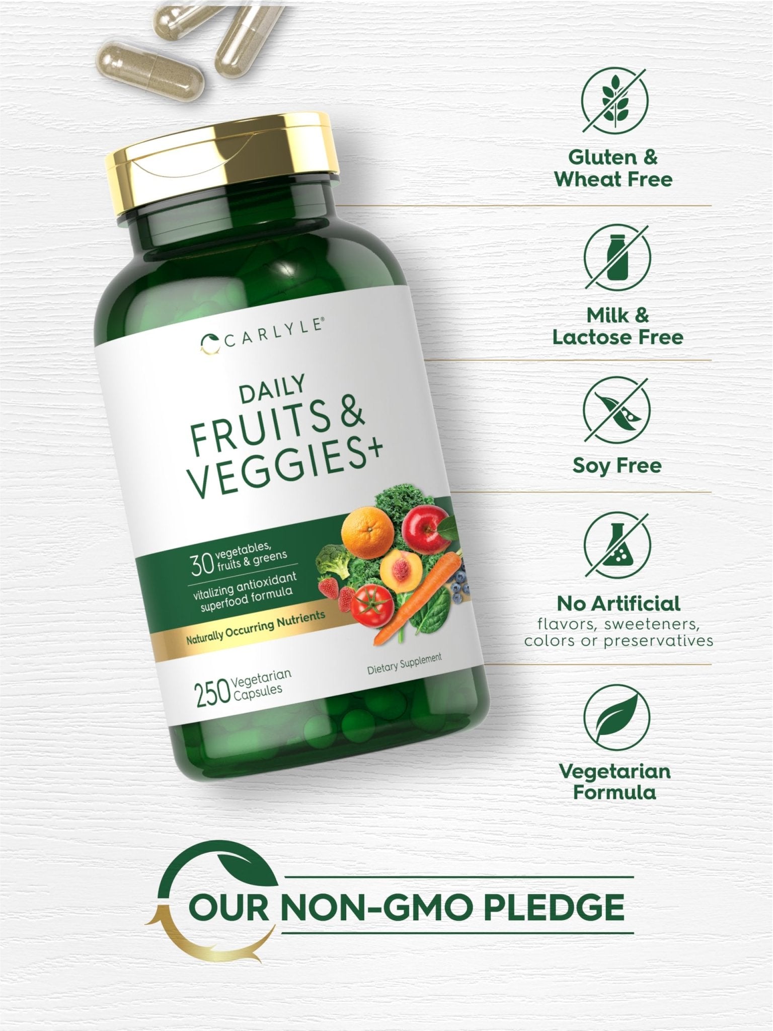 Carlyle Fruits and Veggies Supplement | 250 Capsules | Made with 30 Fruits and Vegetables | Vegetarian, Non-GMO, Gluten Free Superfood Formula - TrustMedUSA