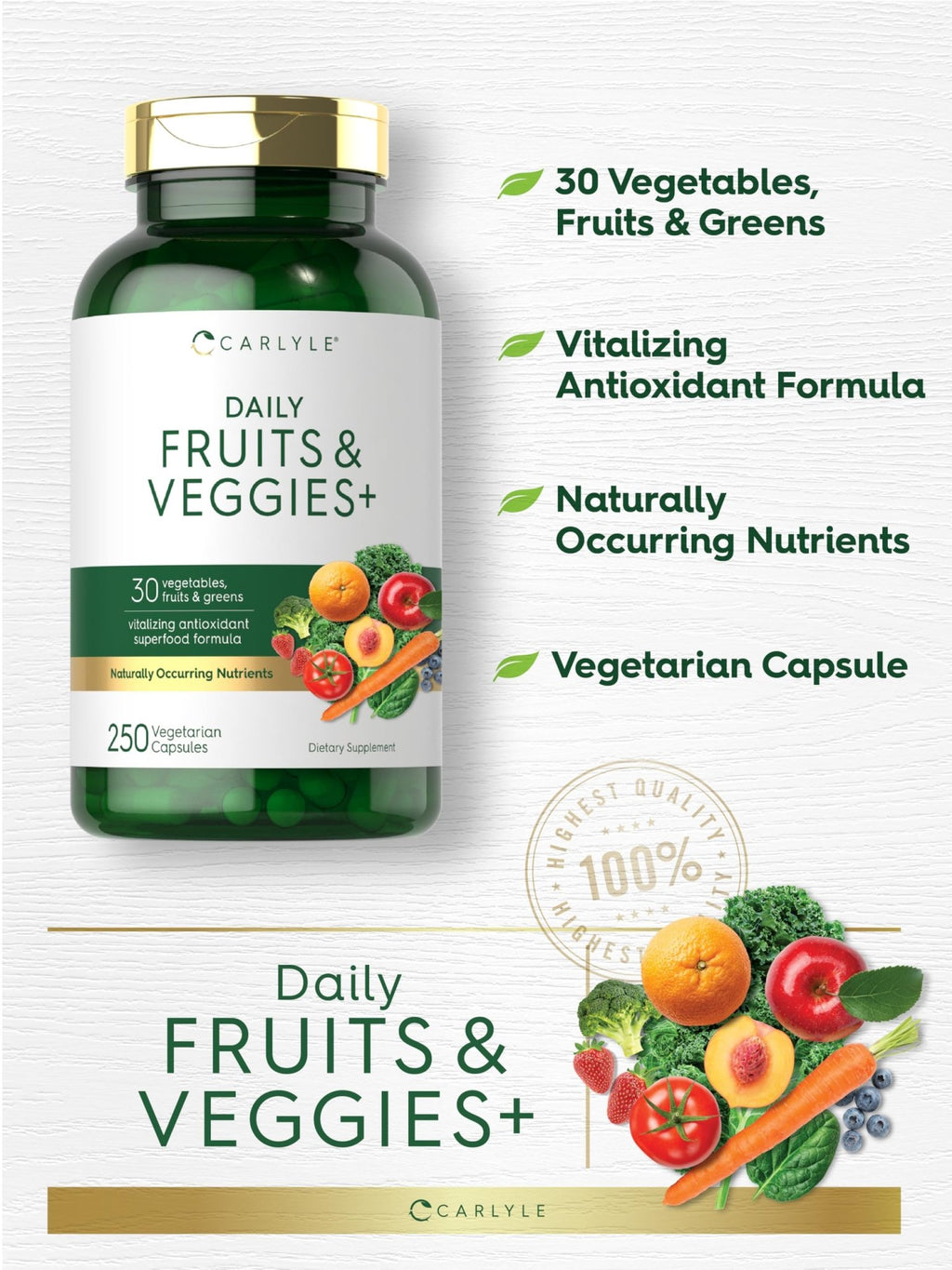 Carlyle Fruits and Veggies Supplement | 250 Capsules | Made with 30 Fruits and Vegetables | Vegetarian, Non-GMO, Gluten Free Superfood Formula - TrustMedUSA