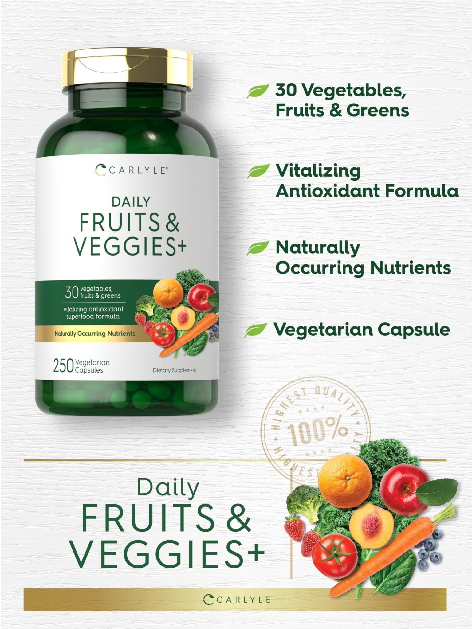 Carlyle Fruits and Veggies Supplement | 250 Capsules | Made with 30 Fruits and Vegetables | Vegetarian, Non-GMO, Gluten Free Superfood Formula - TrustMedUSA