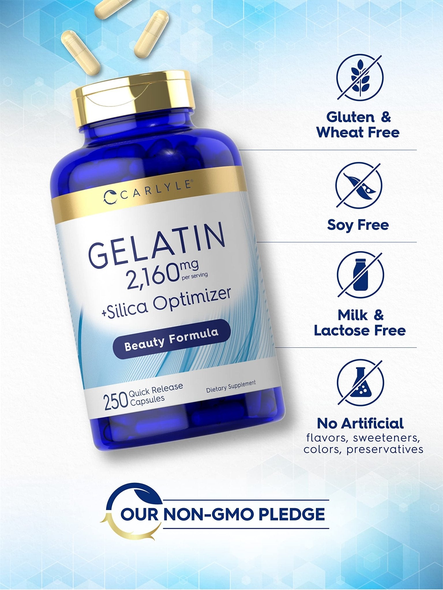 Carlyle Gelatin Capsules | 2160 mg | 250 Pills | with Silica Optimizer | Non-GMO, and Gluten Free Supplement - Maple Wellness Supplements
