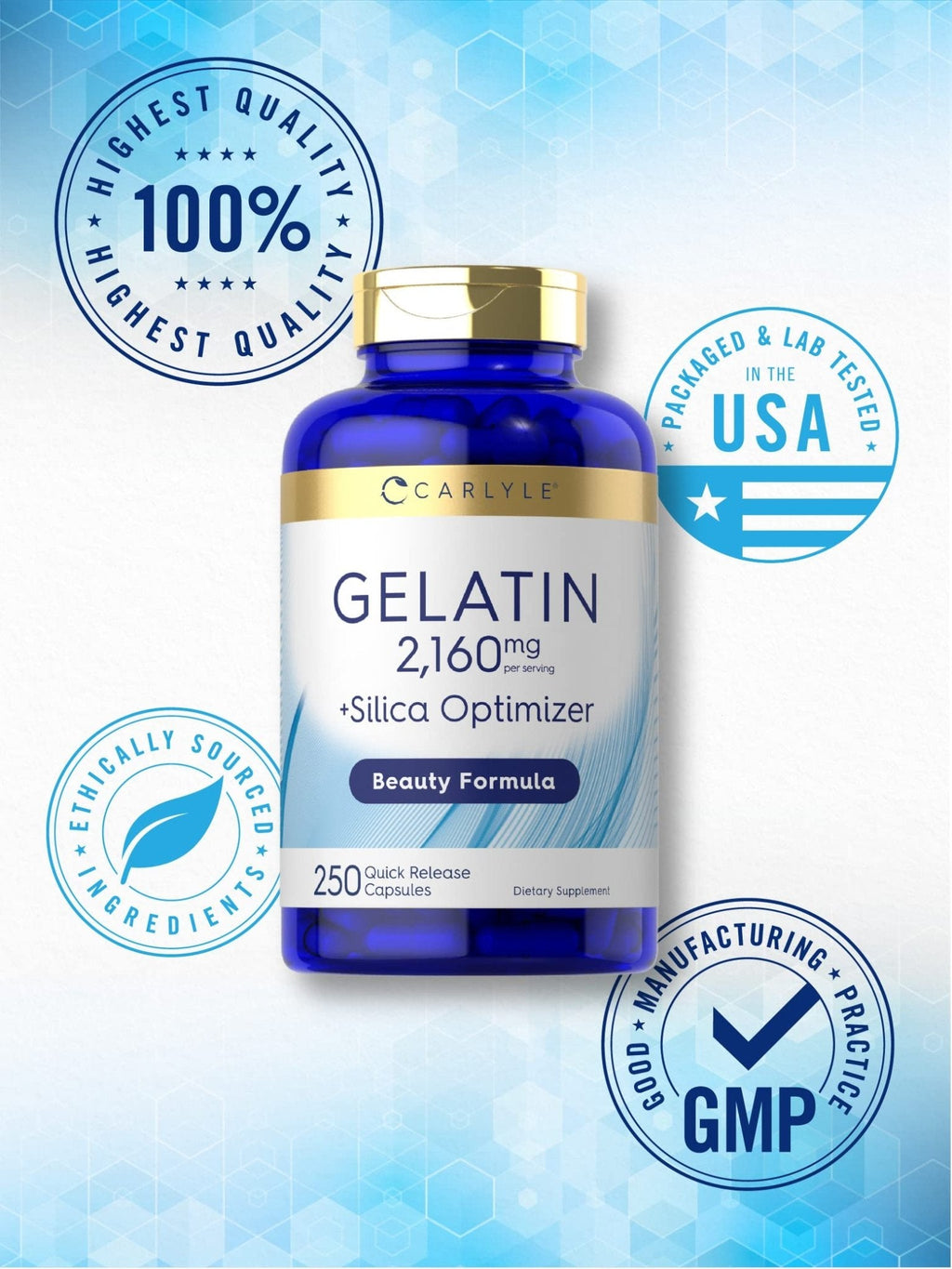 Carlyle Gelatin Capsules | 2160 mg | 250 Pills | with Silica Optimizer | Non-GMO, and Gluten Free Supplement - Maple Wellness Supplements