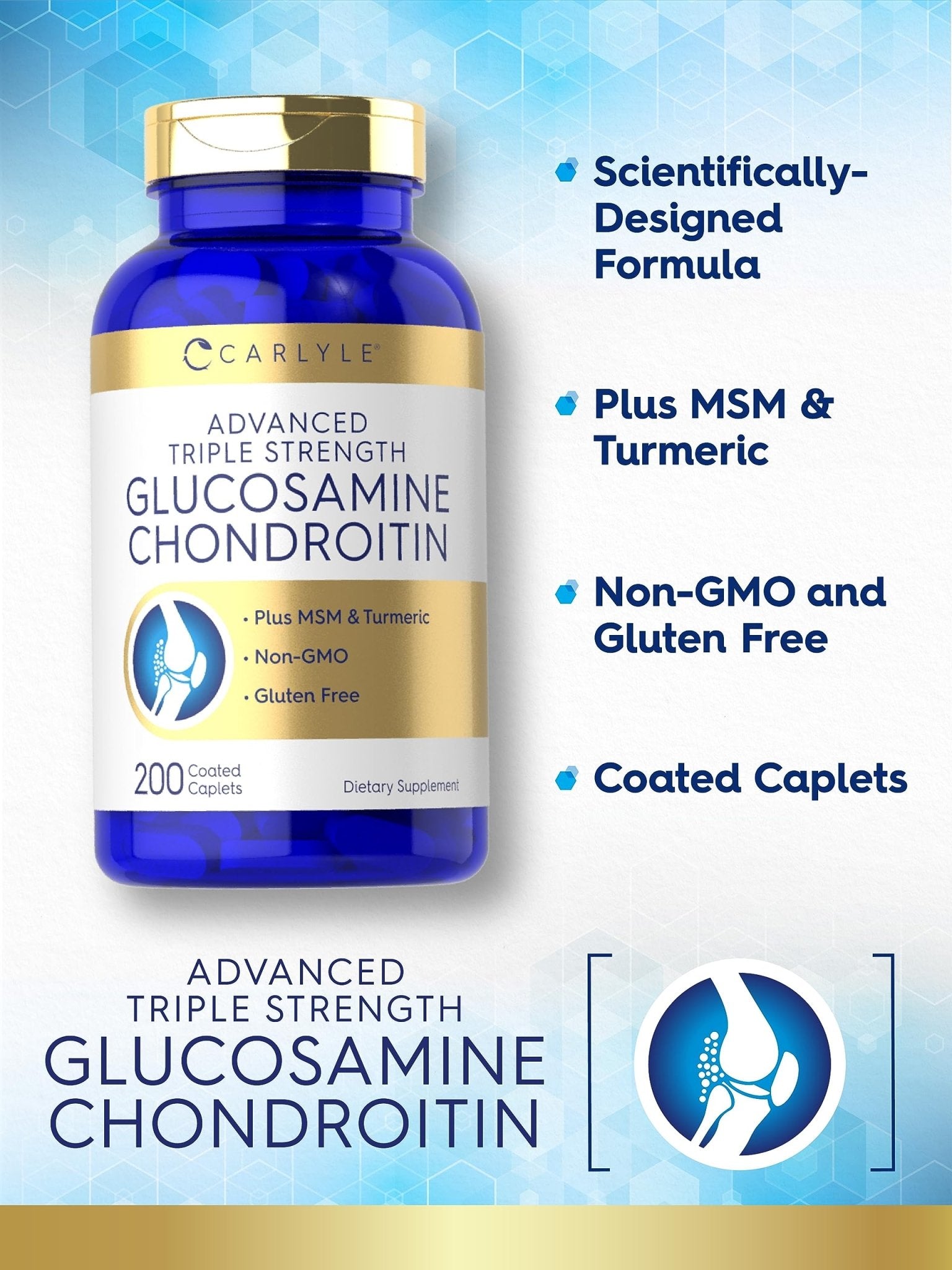 Carlyle Glucosamine Chondroitin MSM Turmeric | 200 Count | Advanced Triple Strength Supplement | Non-GMO & Gluten Free - Maple Wellness Supplements