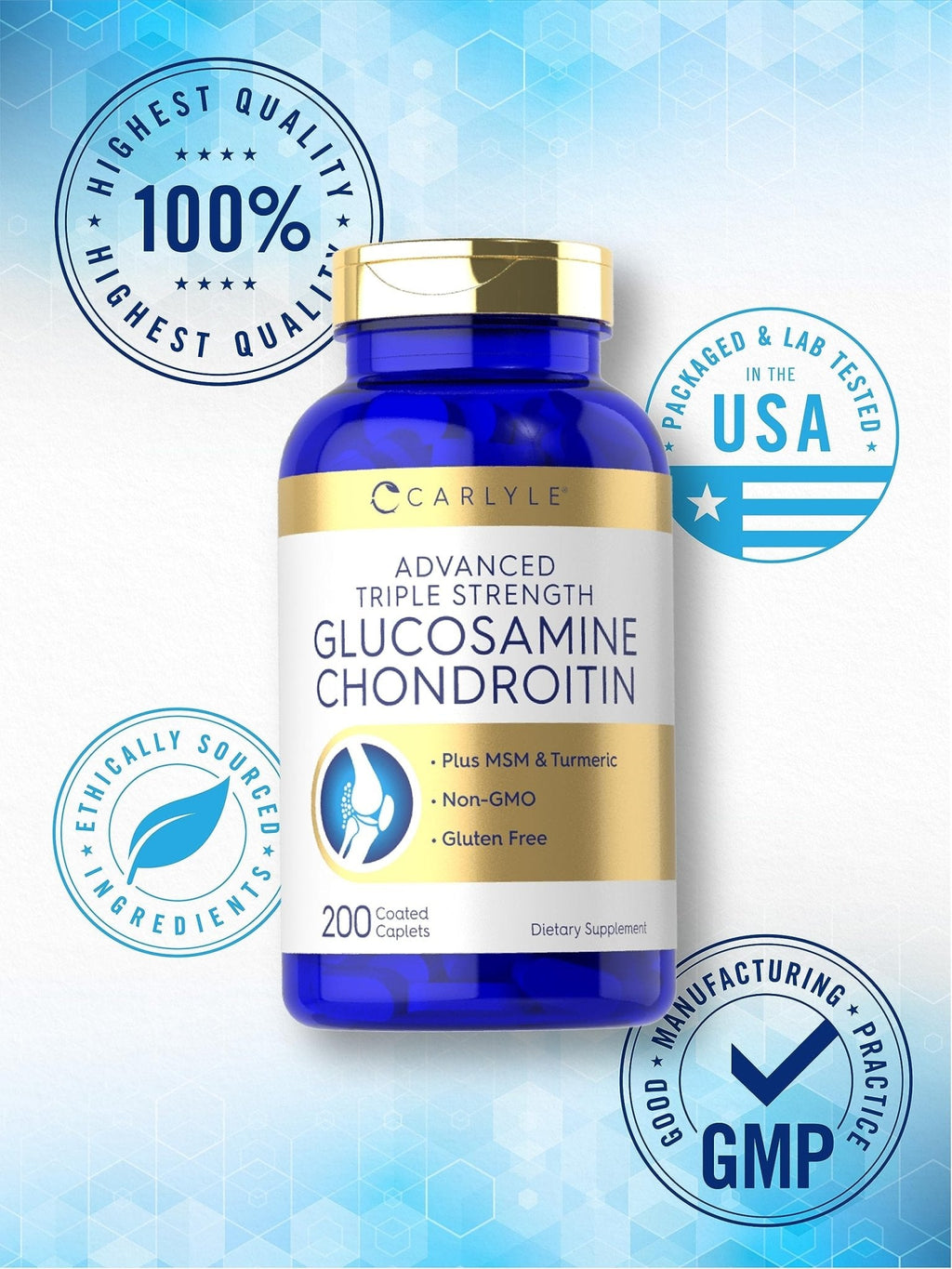 Carlyle Glucosamine Chondroitin MSM Turmeric | 200 Count | Advanced Triple Strength Supplement | Non-GMO & Gluten Free - Maple Wellness Supplements