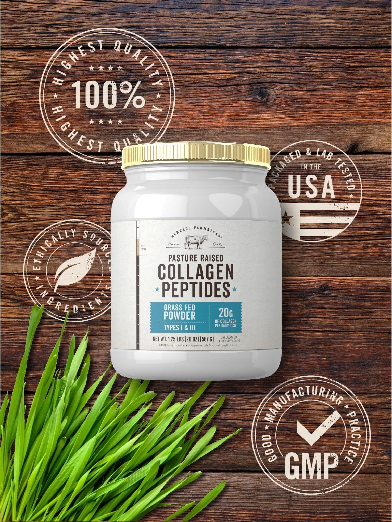 Carlyle Grass Fed Collagen Peptides Powder 20oz | Unflavored | Pasture Raised | Types I & III | 20g of Collagen Per Daily Dose | Non-GMO, Gluten Free | by Herbage Farmstead - Maple Wellness Supplements