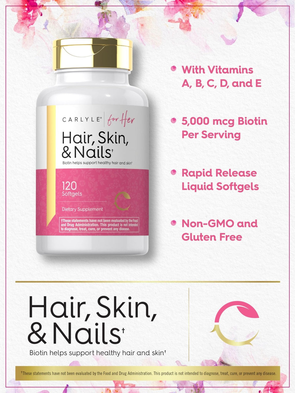 Carlyle Hair Skin and Nails Vitamin | 120 Softgels | Beauty Formula Supplement | with Biotin and Collagen Zinc, Vitamin A, B6, C & E | Non-GMO, Gluten Free - Maple Wellness Supplements