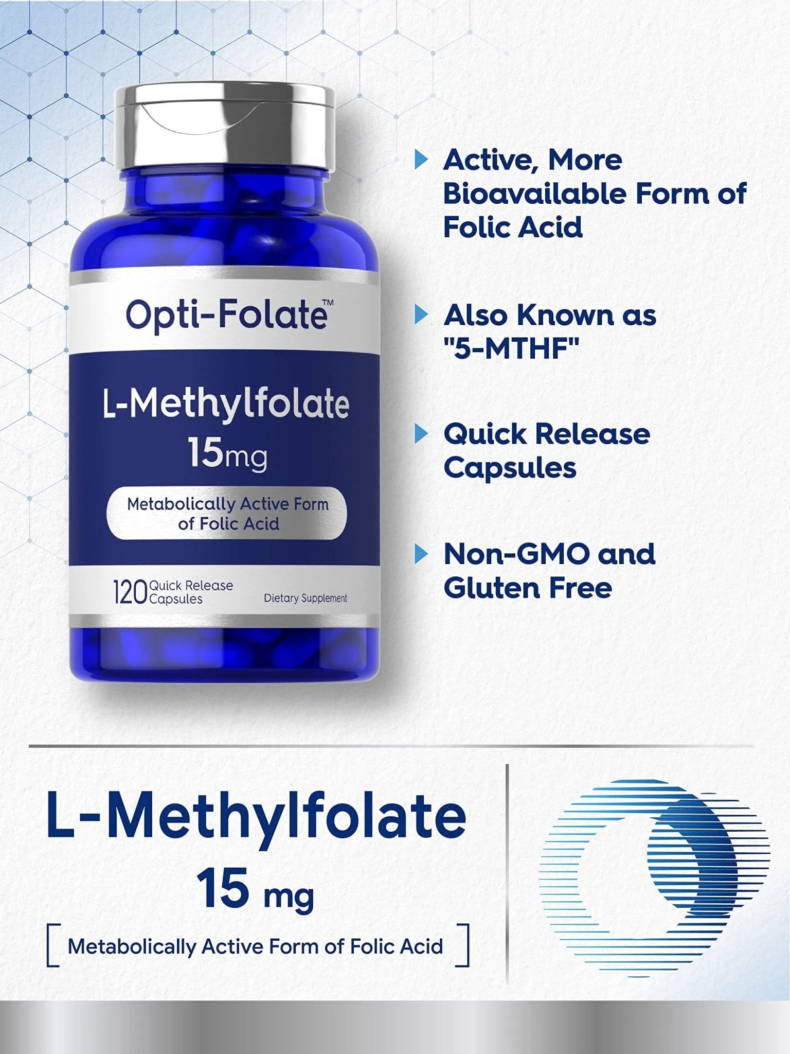 Carlyle L Methylfolate 15mg | 120 Capsules | Value Size | Max Potency | Optimized - TrustMedUSA