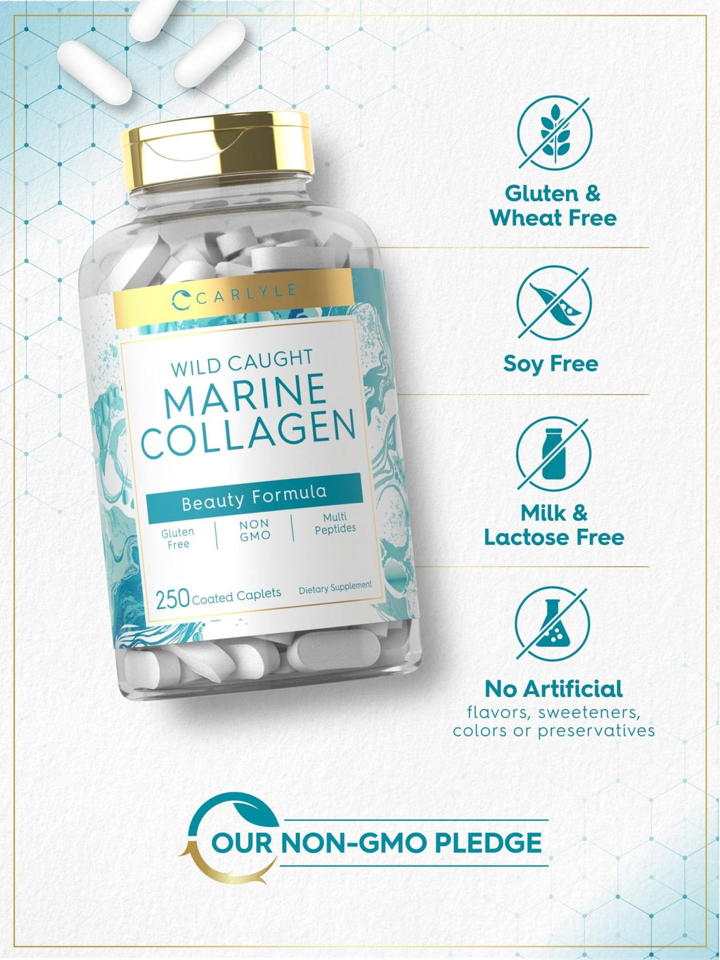 Carlyle Marine Collagen for Hair Skin and Nails | 250 Caplets | Peptides for Women and Men | Type I with Calcium | Non-GMO & Gluten Free - Maple Wellness Supplements