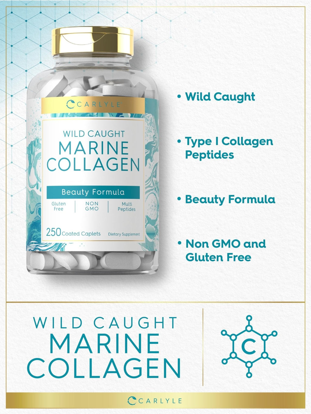 Carlyle Marine Collagen for Hair Skin and Nails | 250 Caplets | Peptides for Women and Men | Type I with Calcium | Non-GMO & Gluten Free - Maple Wellness Supplements