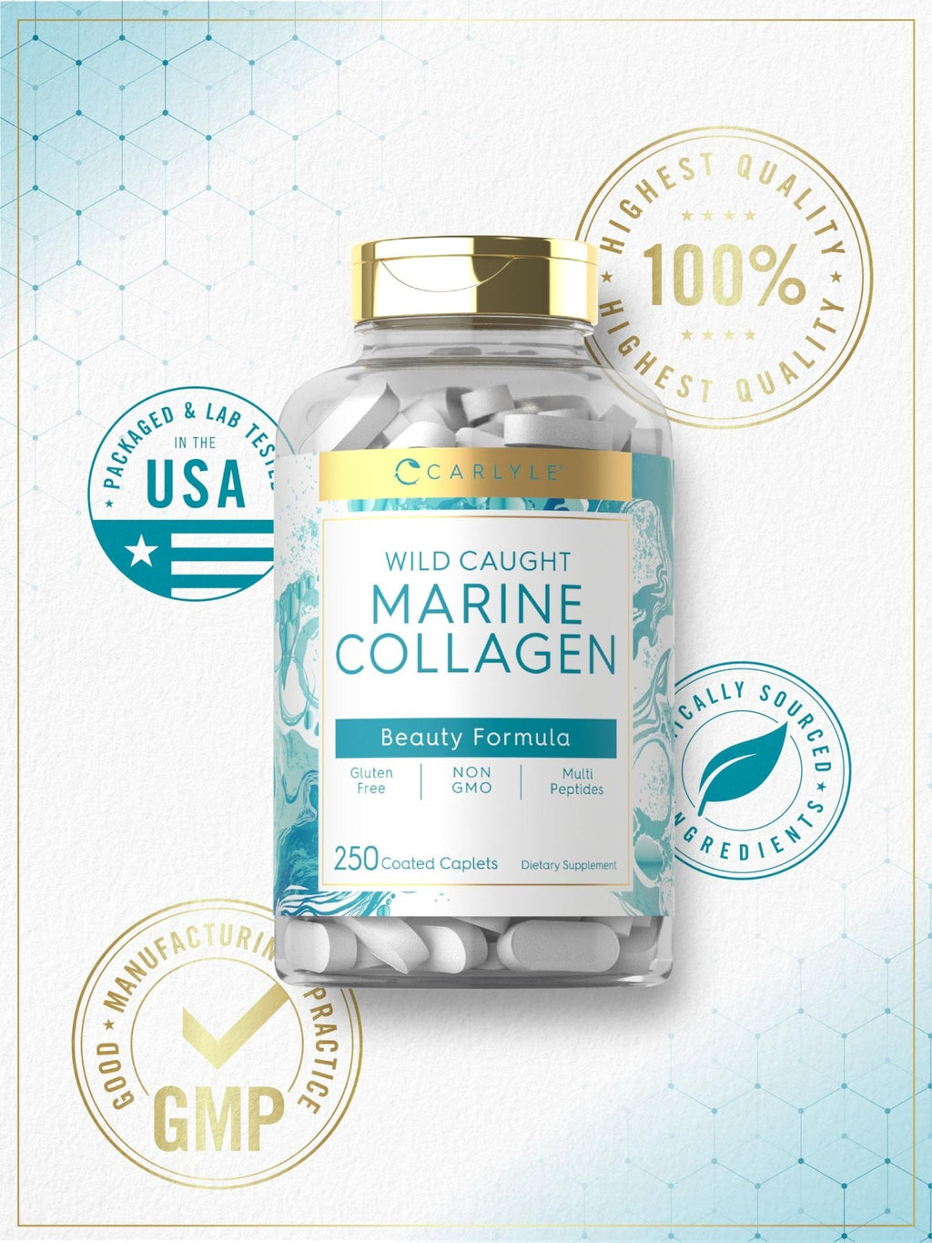 Carlyle Marine Collagen for Hair Skin and Nails | 250 Caplets | Peptides for Women and Men | Type I with Calcium | Non-GMO & Gluten Free - Maple Wellness Supplements