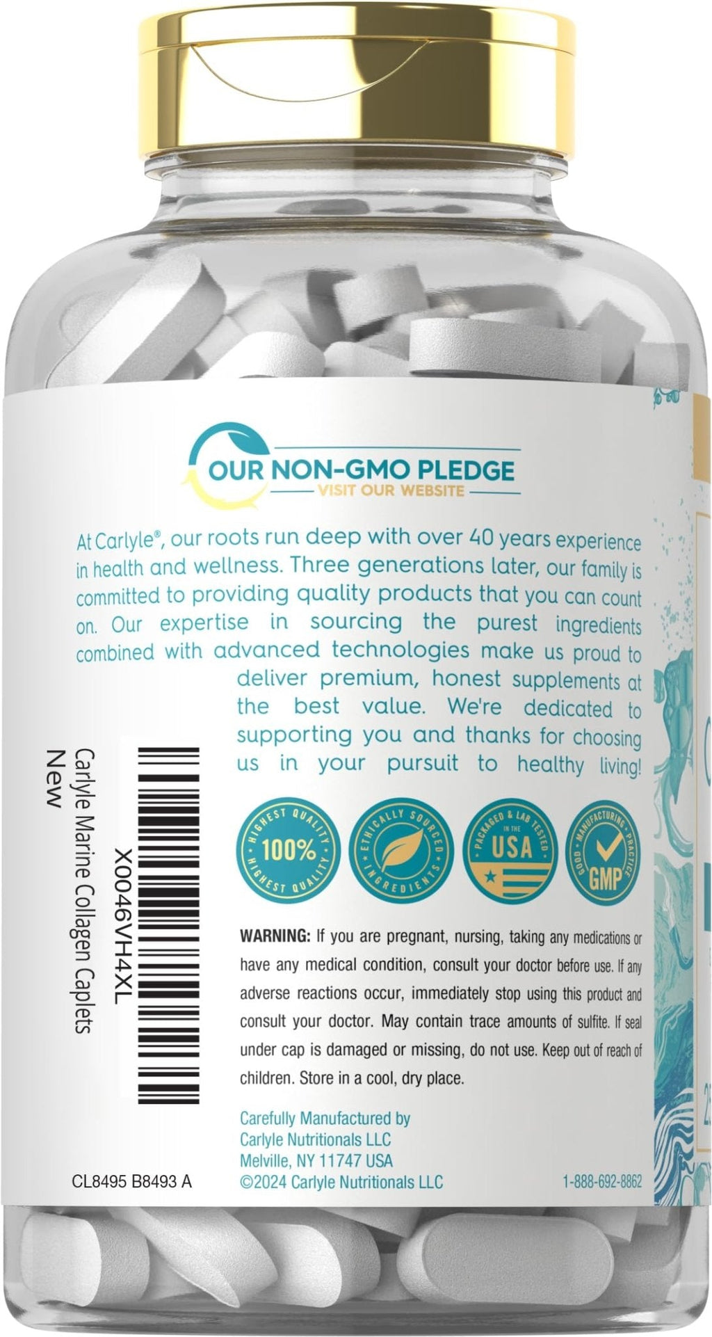 Carlyle Marine Collagen for Hair Skin and Nails | 250 Caplets | Peptides for Women and Men | Type I with Calcium | Non-GMO & Gluten Free - Maple Wellness Supplements