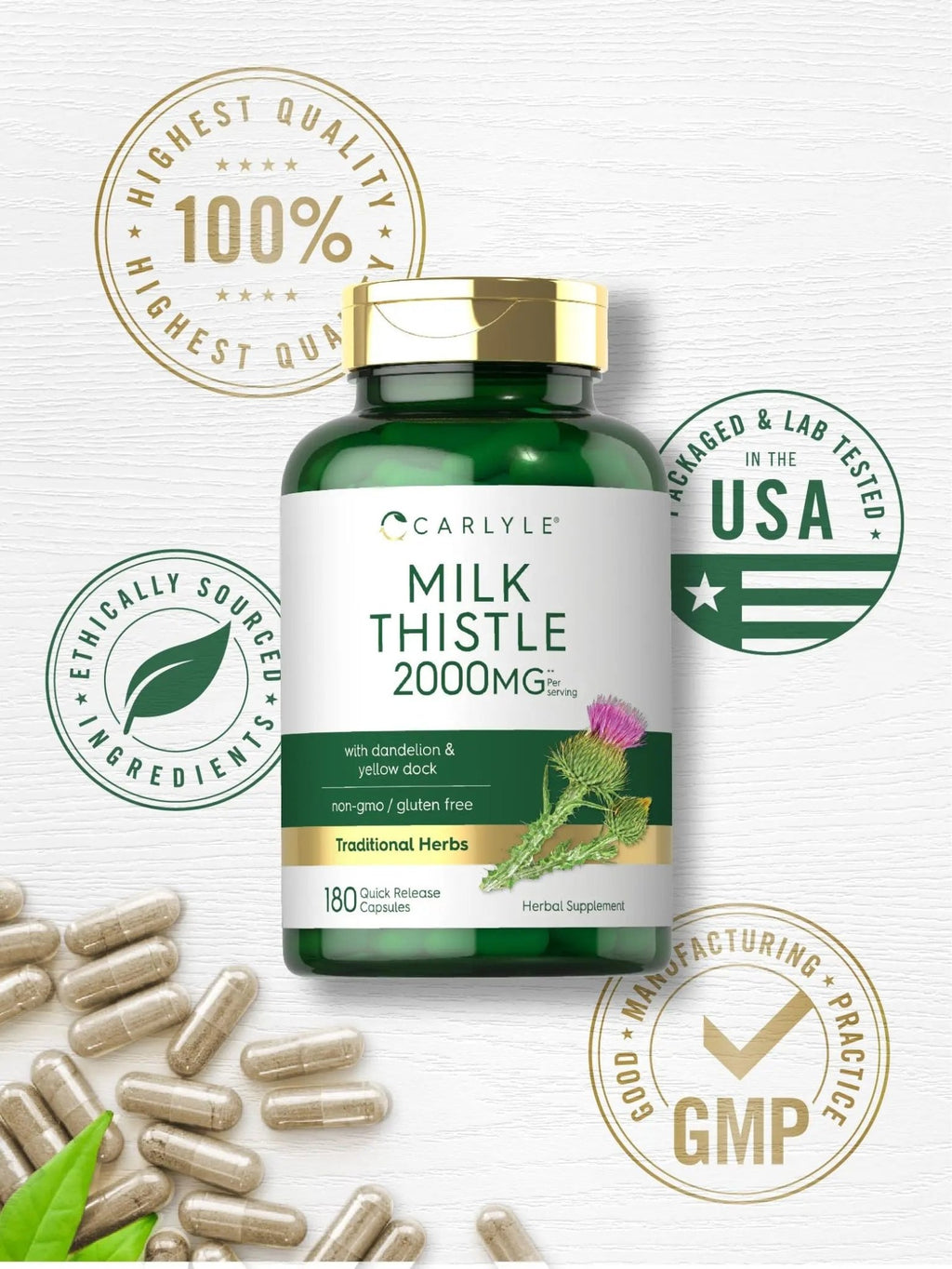 Carlyle Milk Thistle 2000mg | 180 Capsules | with Dandelion & Yellow Dock | Non-GMO - TrustMedUSA
