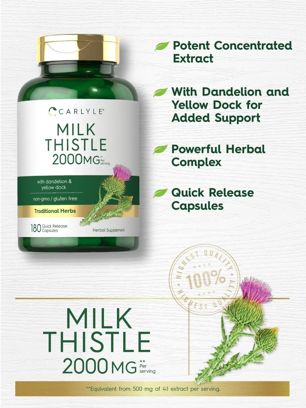 Carlyle Milk Thistle 2000mg | 180 Capsules | with Dandelion & Yellow Dock | Non-GMO - TrustMedUSA