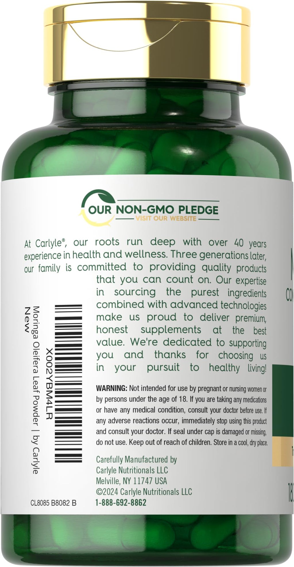 Carlyle Moringa Oleifera Supplement | 180 Capsules | Complete Green Superfood for Women and Men | Non-GMO and Gluten Free - TrustMedUSA