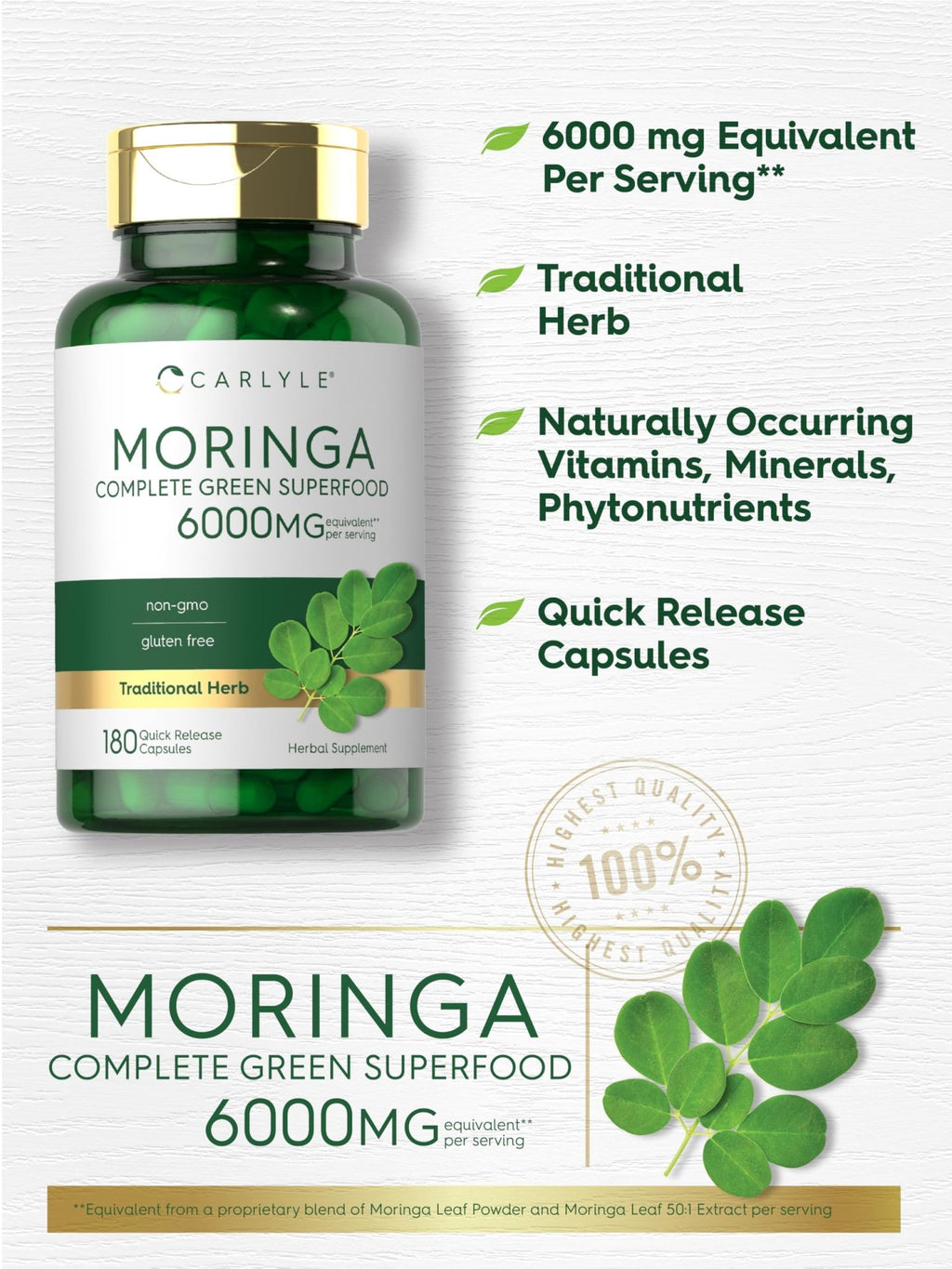 Carlyle Moringa Oleifera Supplement | 180 Capsules | Complete Green Superfood for Women and Men | Non-GMO and Gluten Free - TrustMedUSA