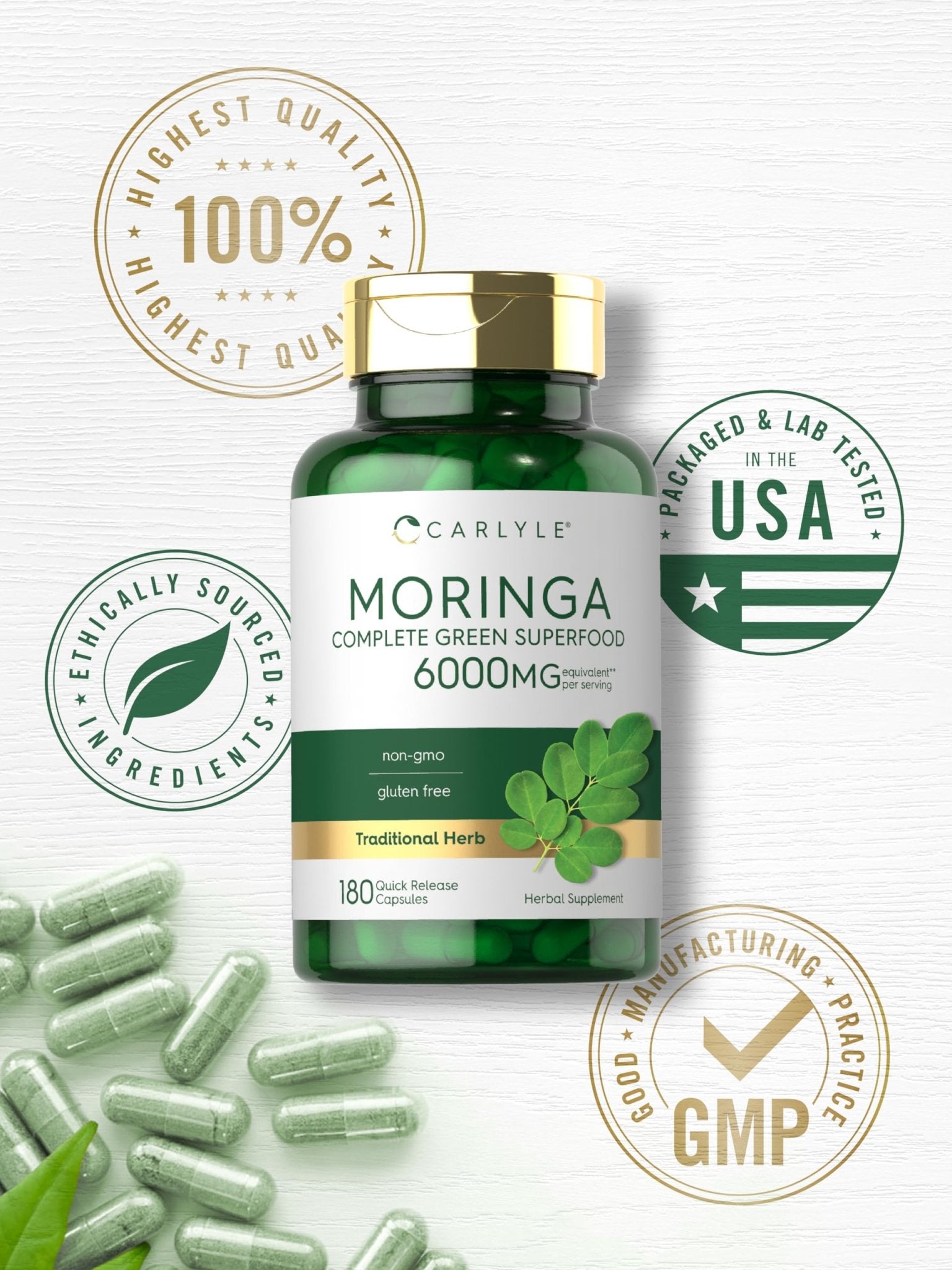 Carlyle Moringa Oleifera Supplement | 180 Capsules | Complete Green Superfood for Women and Men | Non-GMO and Gluten Free - TrustMedUSA