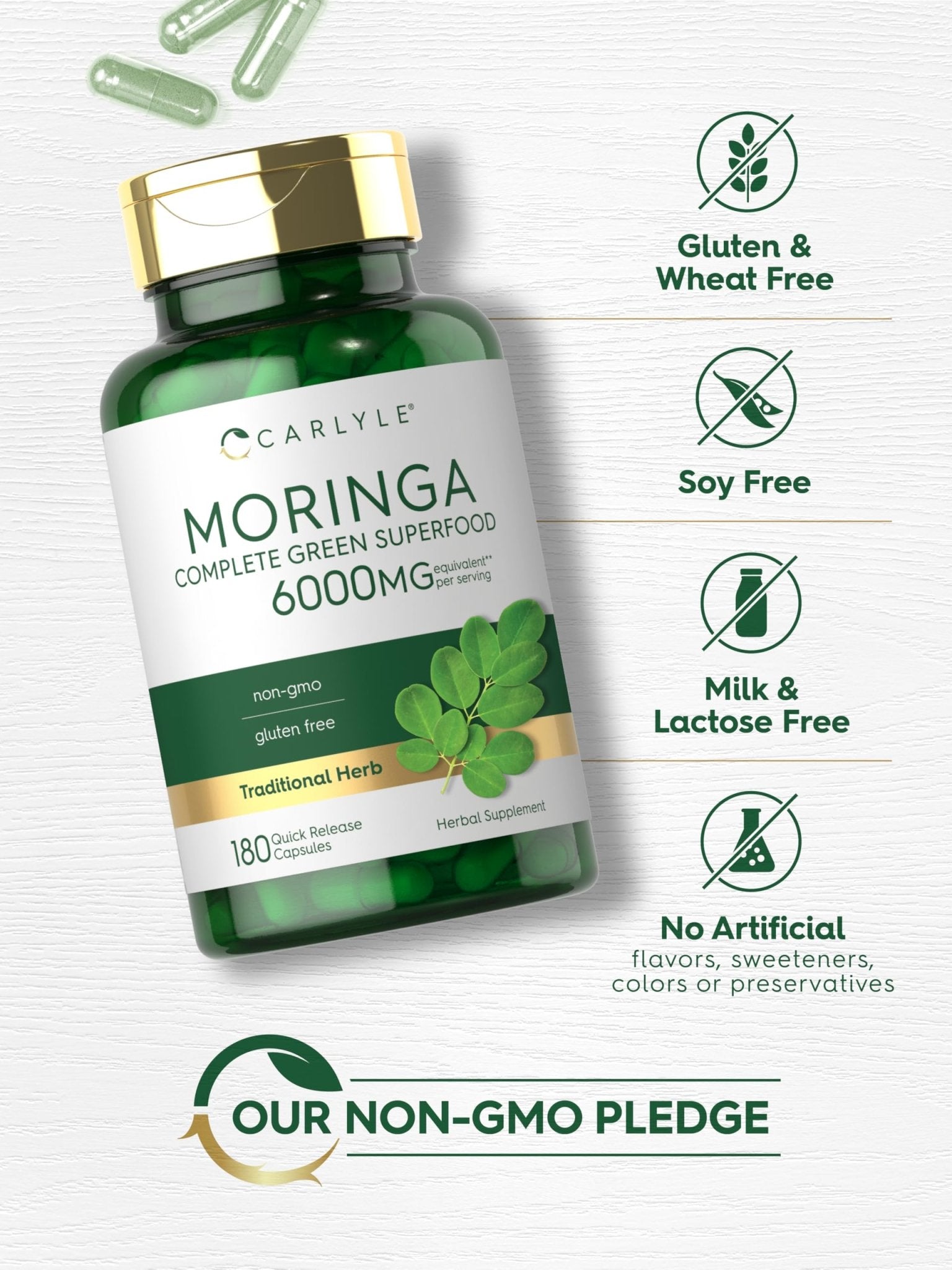 Carlyle Moringa Oleifera Supplement | 180 Capsules | Complete Green Superfood for Women and Men | Non-GMO and Gluten Free - TrustMedUSA