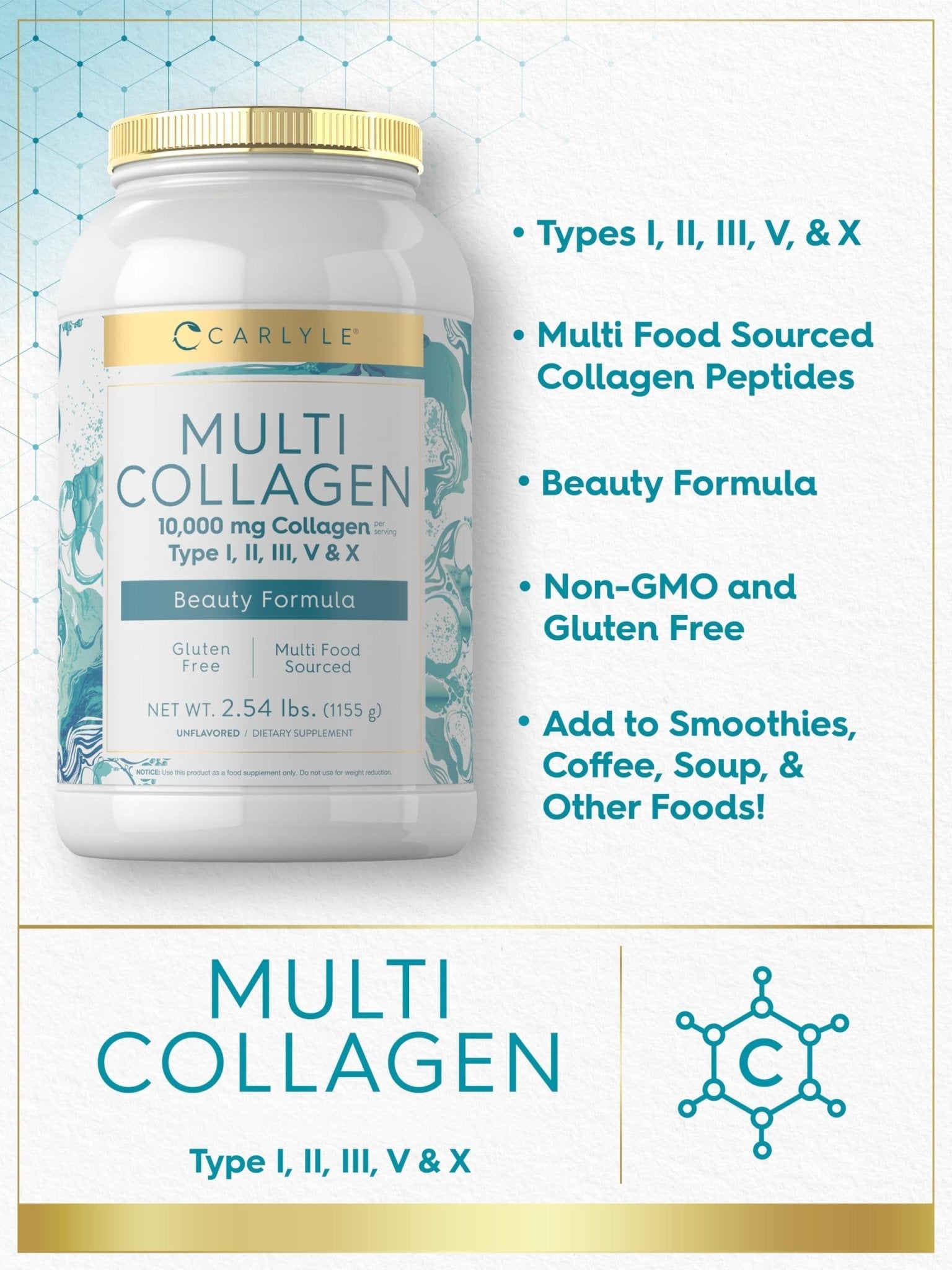 Carlyle Multi Collagen Peptides Powder 40 oz | Type I, II, III, V, X | Supplement Blend with Protein | Multi Food Sourced | Non-GMO, Gluten Free - Maple Wellness Supplements