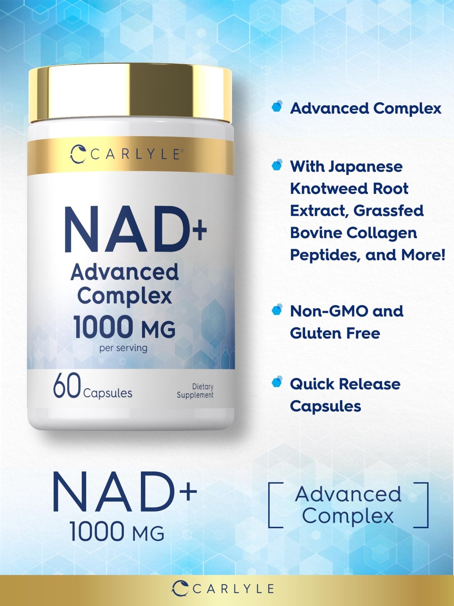 Carlyle NAD+ Supplement for Women & Men | 1000 mg | 60 Capsules | Advanced Complex with Resveratrol and Collagen | Non-GMO & Gluten Free - Maple Wellness Supplements