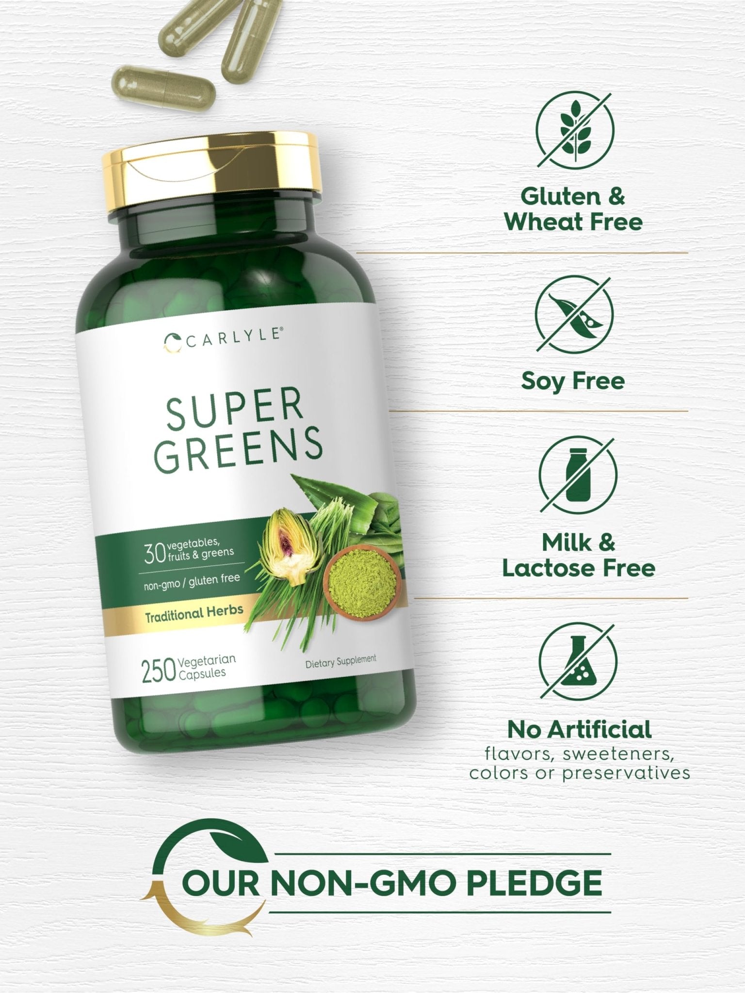 Carlyle Super Greens Capsules | 250 Count | Blend of 13 Vegetables and Greens Plus 17 Fruits | Non-GMO & Gluten Free Supplement - TrustMedUSA