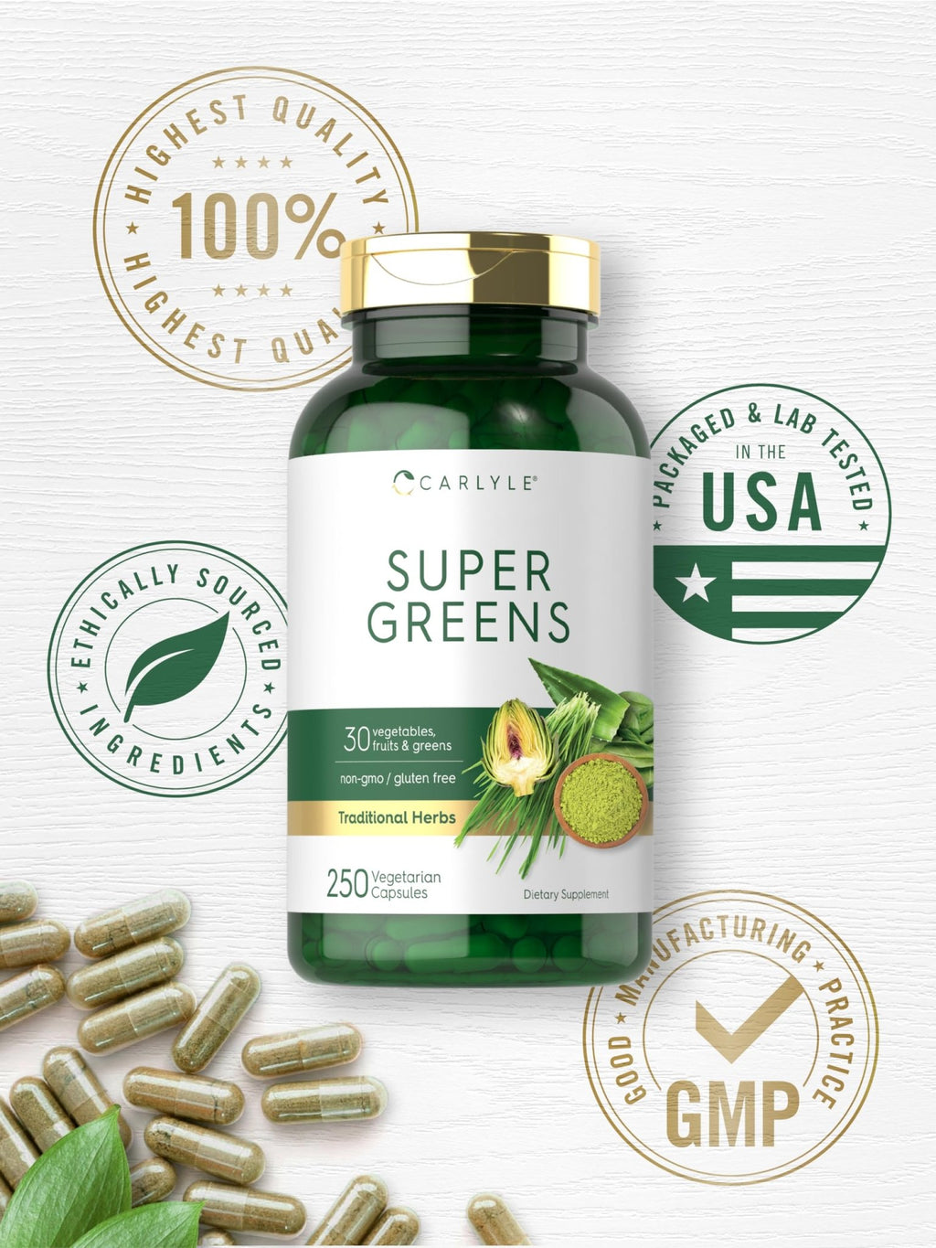 Carlyle Super Greens Capsules | 250 Count | Blend of 13 Vegetables and Greens Plus 17 Fruits | Non-GMO & Gluten Free Supplement - TrustMedUSA
