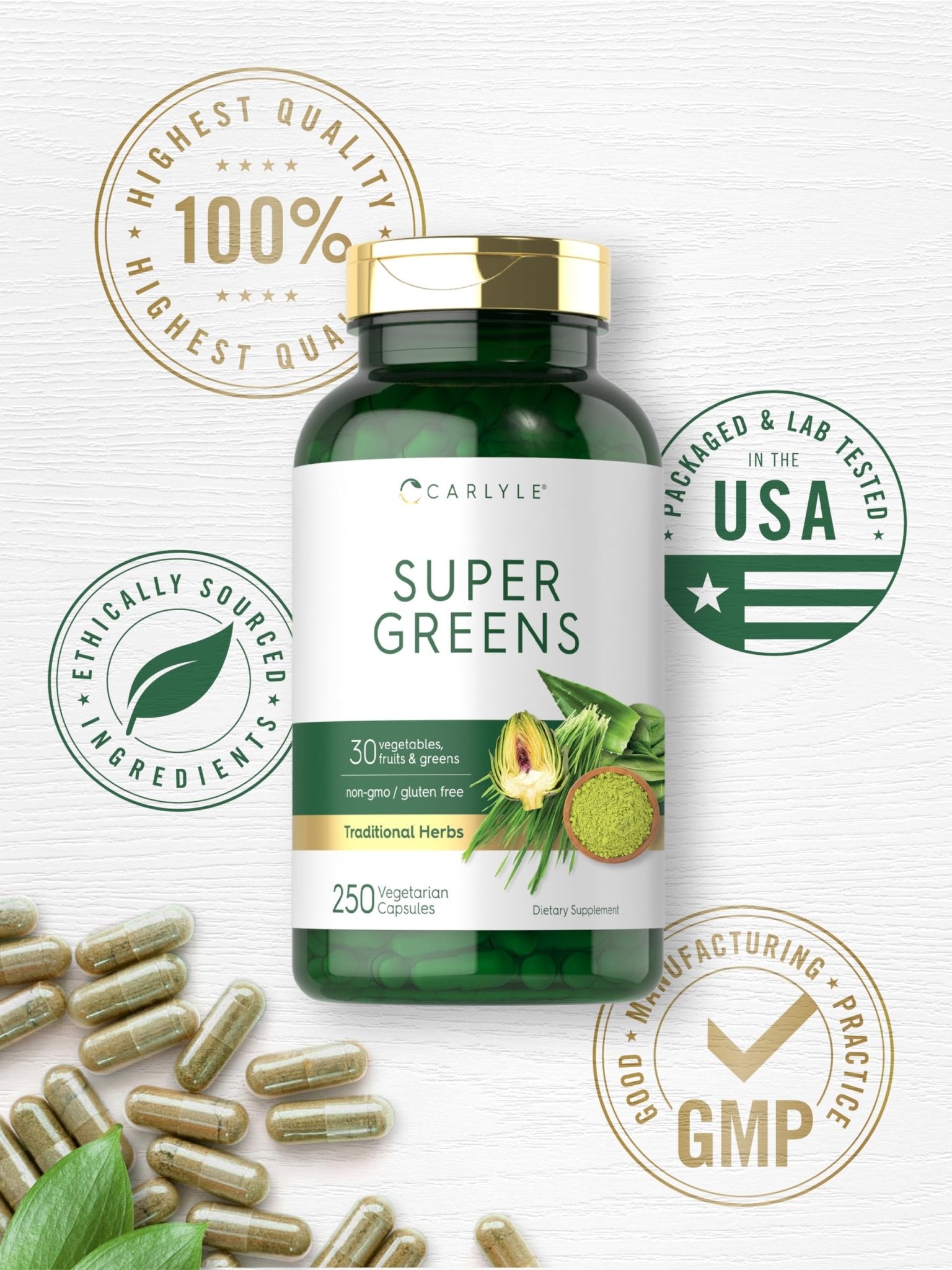 Carlyle Super Greens Capsules | 250 Count | Blend of 13 Vegetables and Greens Plus 17 Fruits | Non-GMO & Gluten Free Supplement - TrustMedUSA