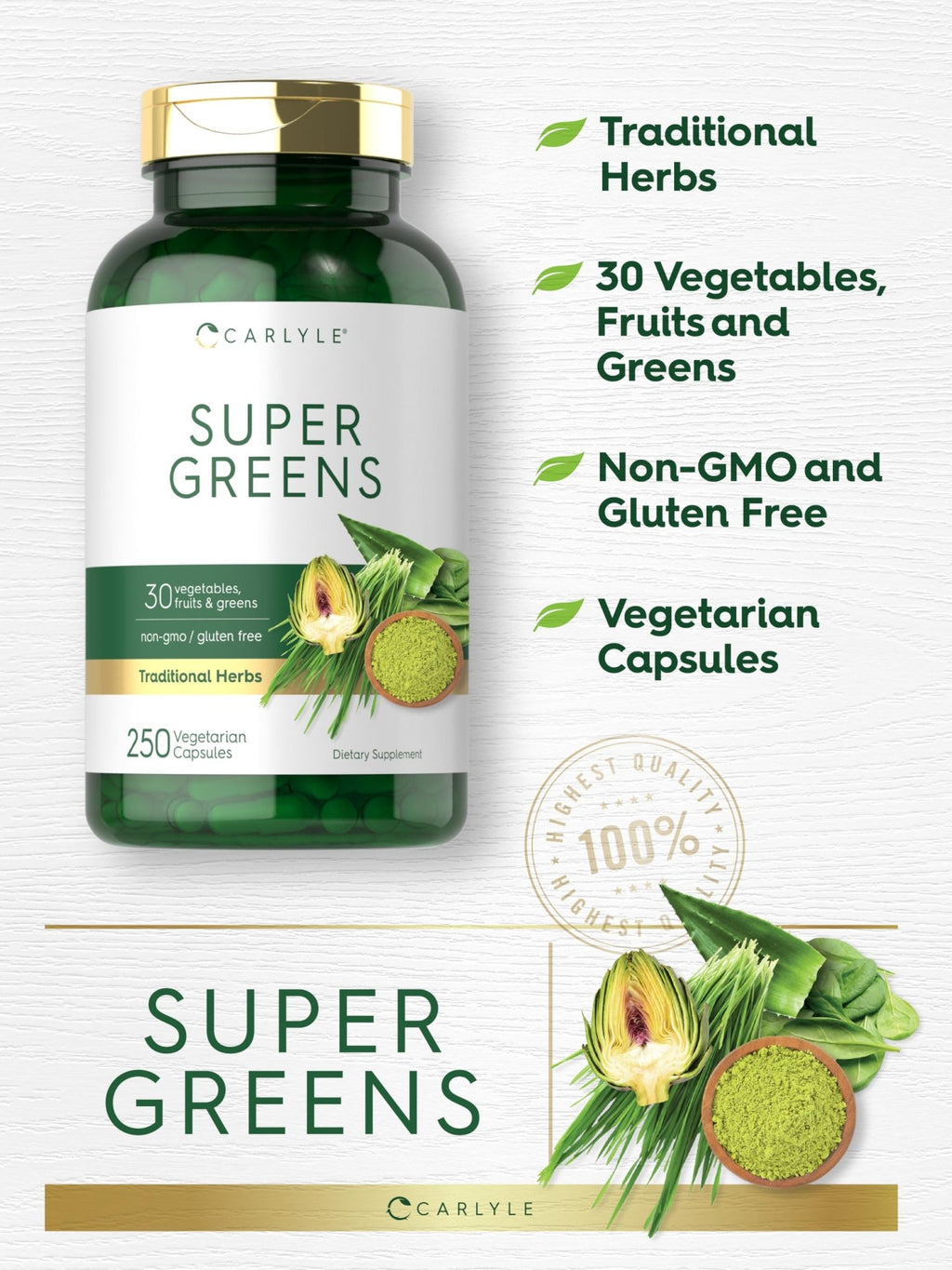 Carlyle Super Greens Capsules | 250 Count | Blend of 13 Vegetables and Greens Plus 17 Fruits | Non-GMO & Gluten Free Supplement - TrustMedUSA