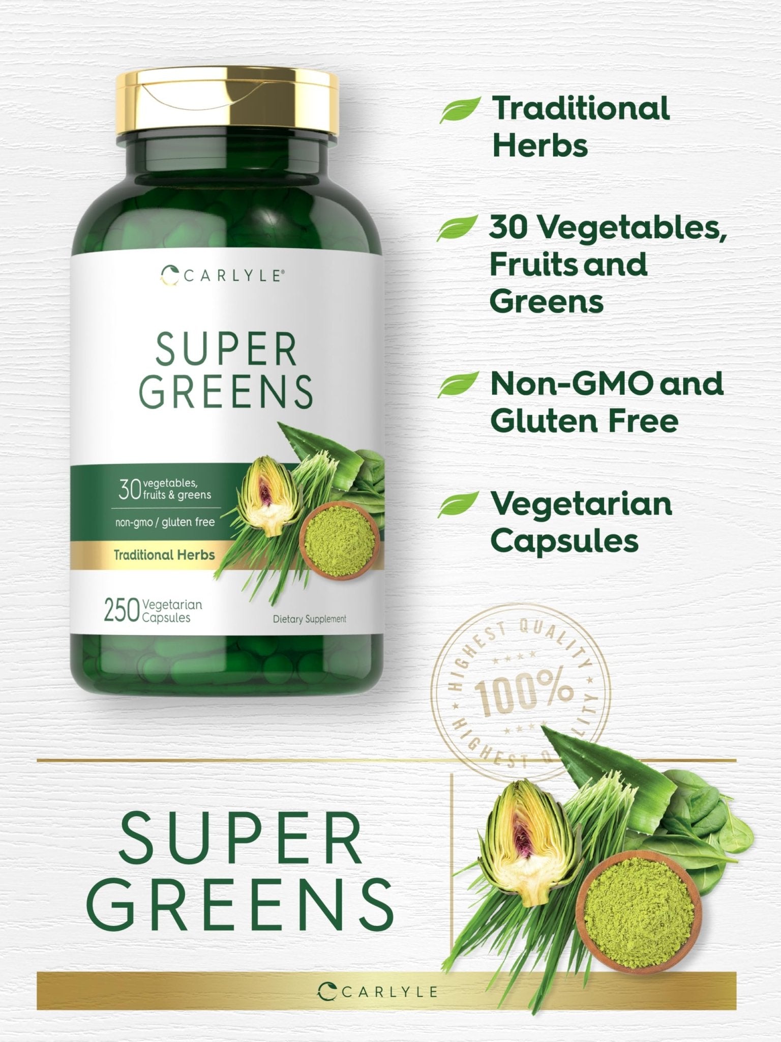 Carlyle Super Greens Capsules | 250 Count | Blend of 13 Vegetables and Greens Plus 17 Fruits | Non-GMO & Gluten Free Supplement - TrustMedUSA