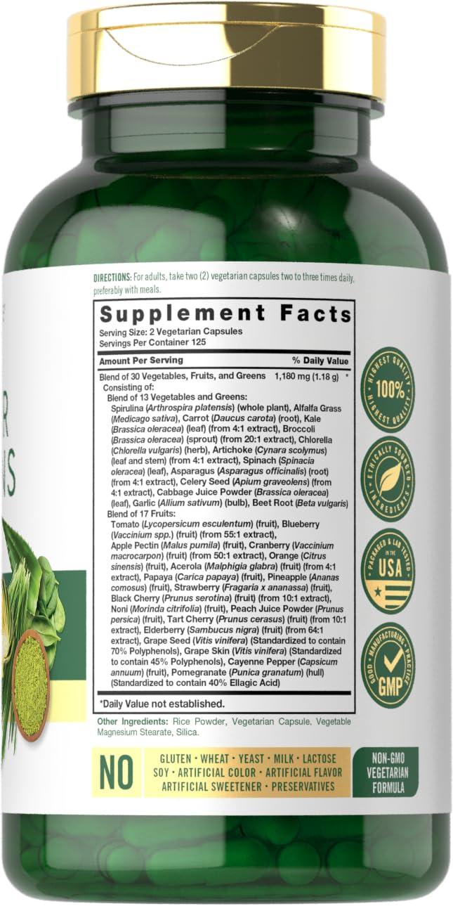 Carlyle Super Greens Capsules | 250 Count | Blend of 13 Vegetables and Greens Plus 17 Fruits | Non-GMO & Gluten Free Supplement - TrustMedUSA