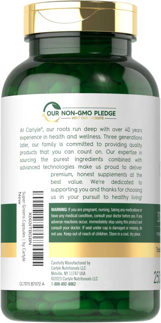 Carlyle Super Greens Capsules | 250 Count | Blend of 13 Vegetables and Greens Plus 17 Fruits | Non-GMO & Gluten Free Supplement - TrustMedUSA