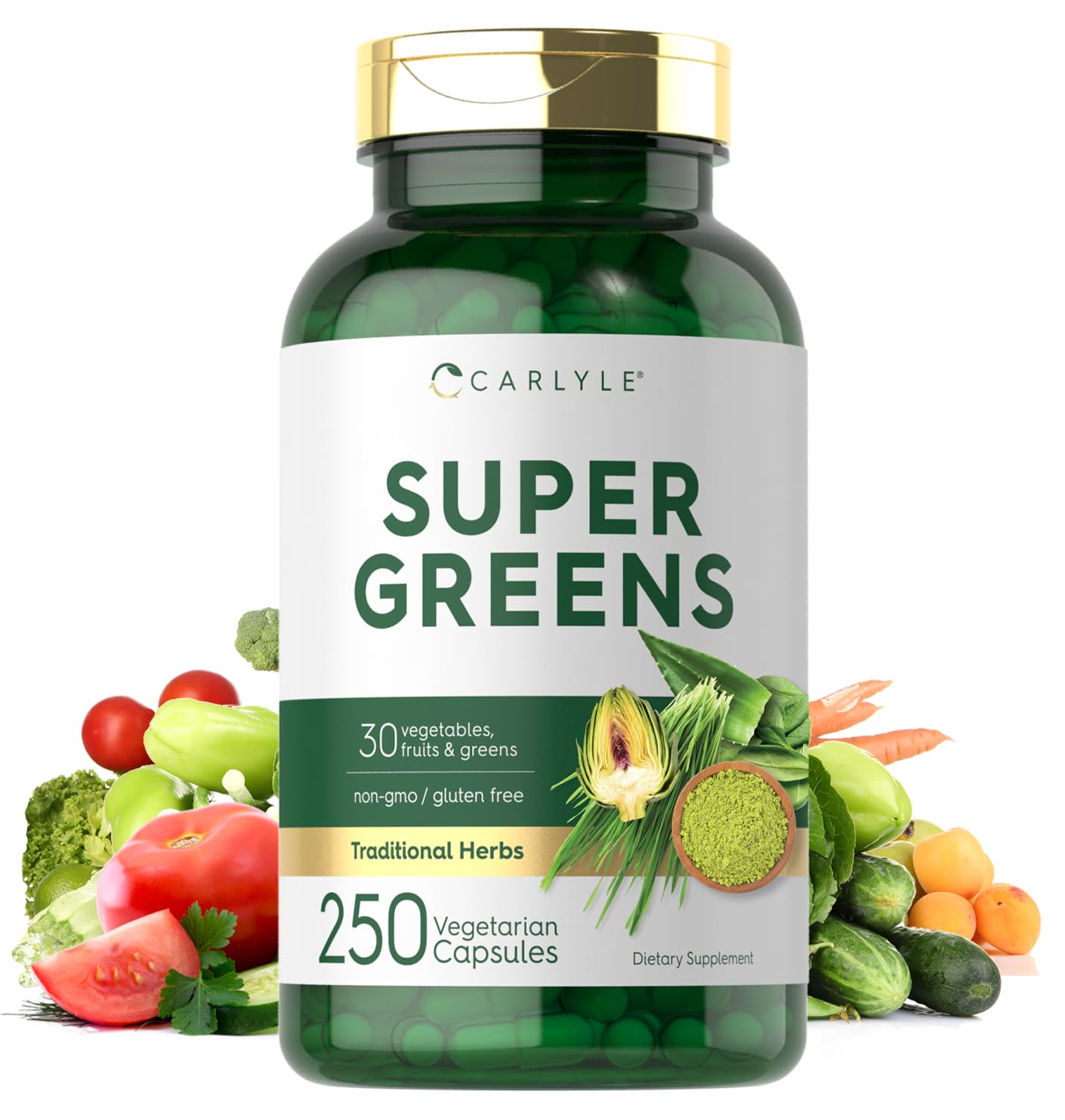 Carlyle Super Greens Capsules | 250 Count | Blend of 13 Vegetables and Greens Plus 17 Fruits | Non-GMO & Gluten Free Supplement - TrustMedUSA