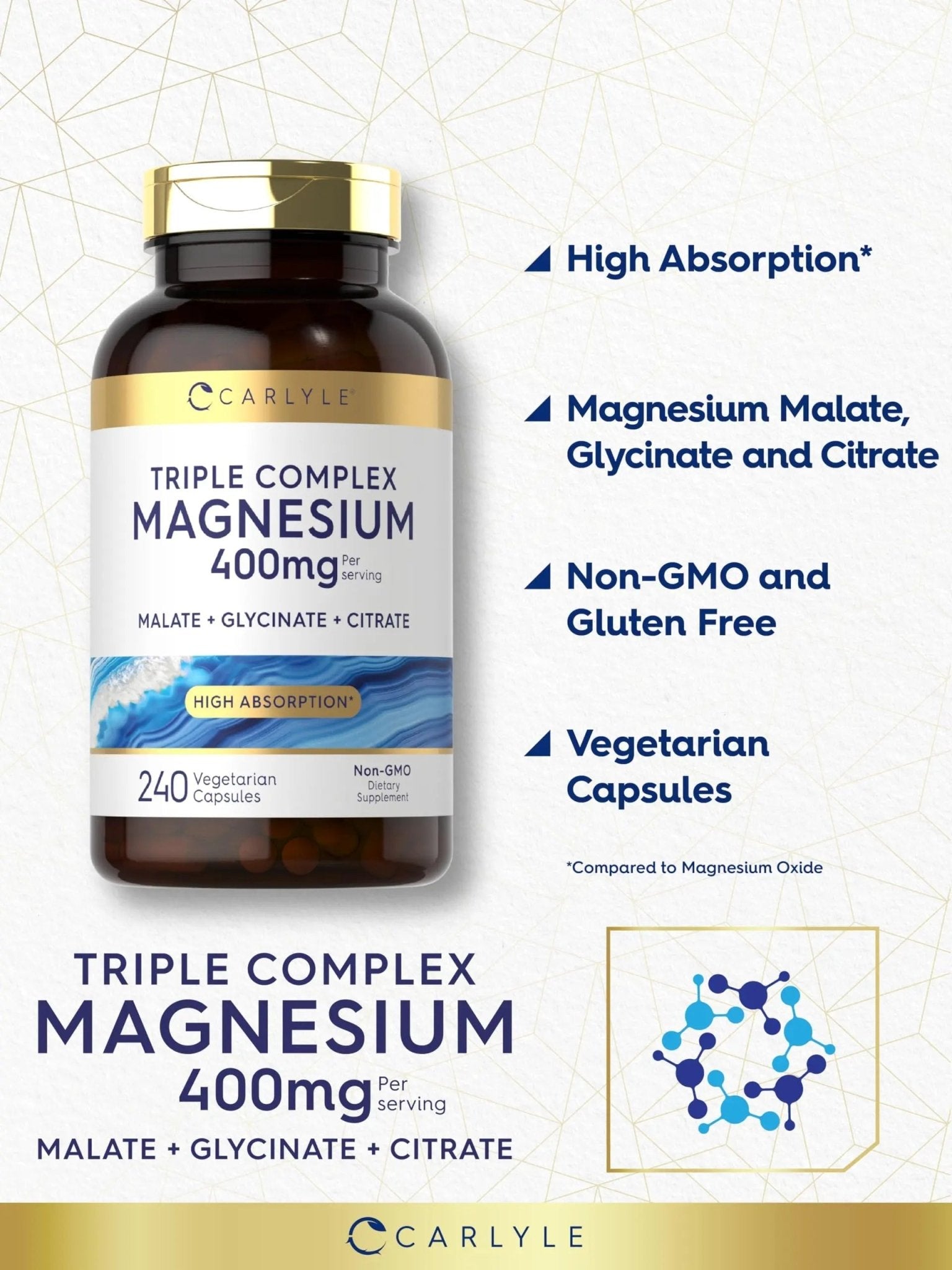 Carlyle Triple Magnesium Complex | 400 mg | 240 Capsules | Magnesium Malate, Glycinate & Citrate | Vegetarian, Non-GMO, and Gluten Free Supplement - TrustMedUSA