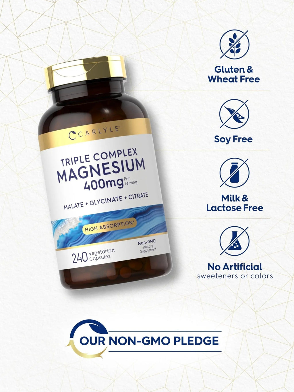 Carlyle Triple Magnesium Complex | 400 mg | 240 Capsules | Magnesium Malate, Glycinate & Citrate | Vegetarian, Non-GMO, and Gluten Free Supplement - TrustMedUSA