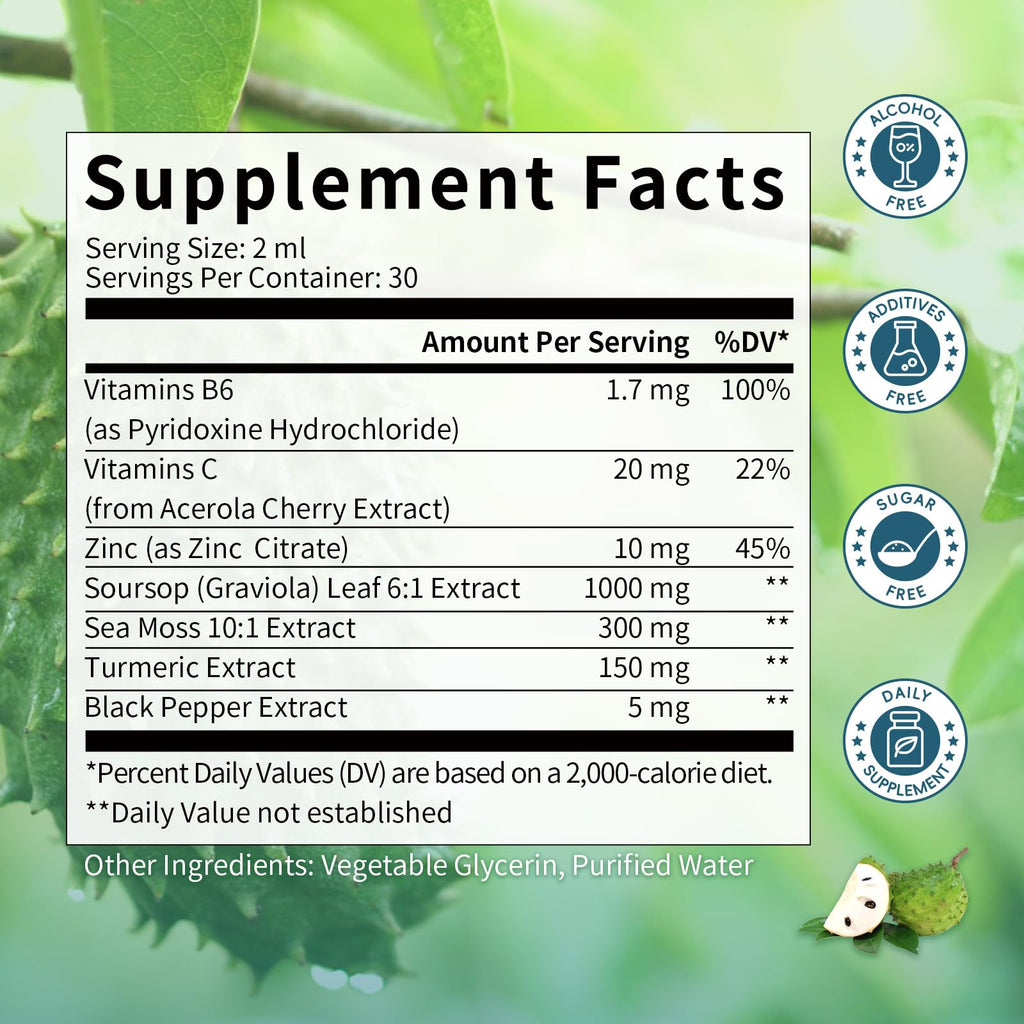 Catfit Soursop Graviola Liquid Drop – Soursop Drops for Cell Support, Antioxidant, Relaxation & Immune Boost with Sea Moss, Turmeric, Black Pepper, B6 C, Zinc, Sugar Free, Gluten Free, Vegan, 2 Fl Oz - TrustMedUSA