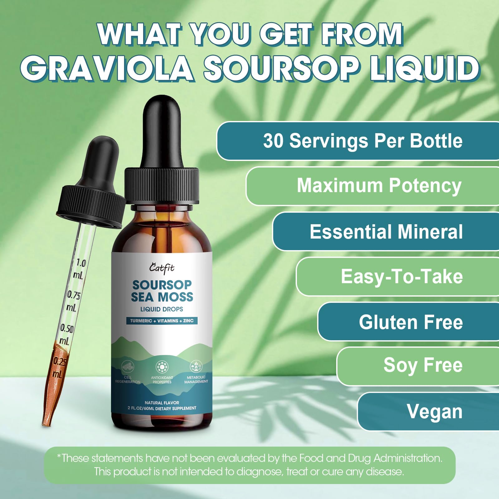 Catfit Soursop Graviola Liquid Drop – Soursop Drops for Cell Support, Antioxidant, Relaxation & Immune Boost with Sea Moss, Turmeric, Black Pepper, B6 C, Zinc, Sugar Free, Gluten Free, Vegan, 2 Fl Oz - TrustMedUSA